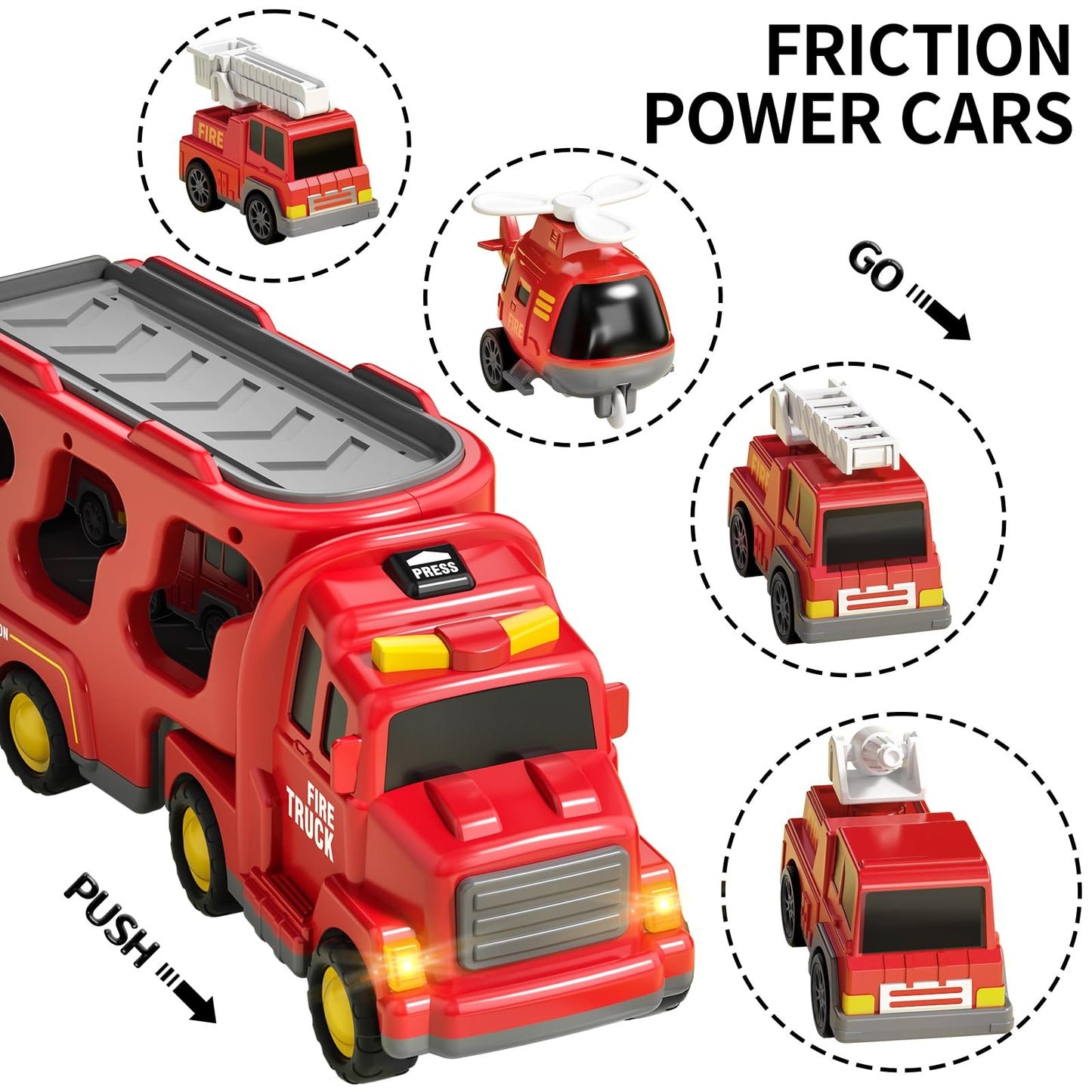 TEMI Fire Trucks Boy Toys for 3-5 Year Old Toddlers - Toys for 3 4 5 6 7 Years Old Transport Vehicle Carrier Truck, Boy Trucks T