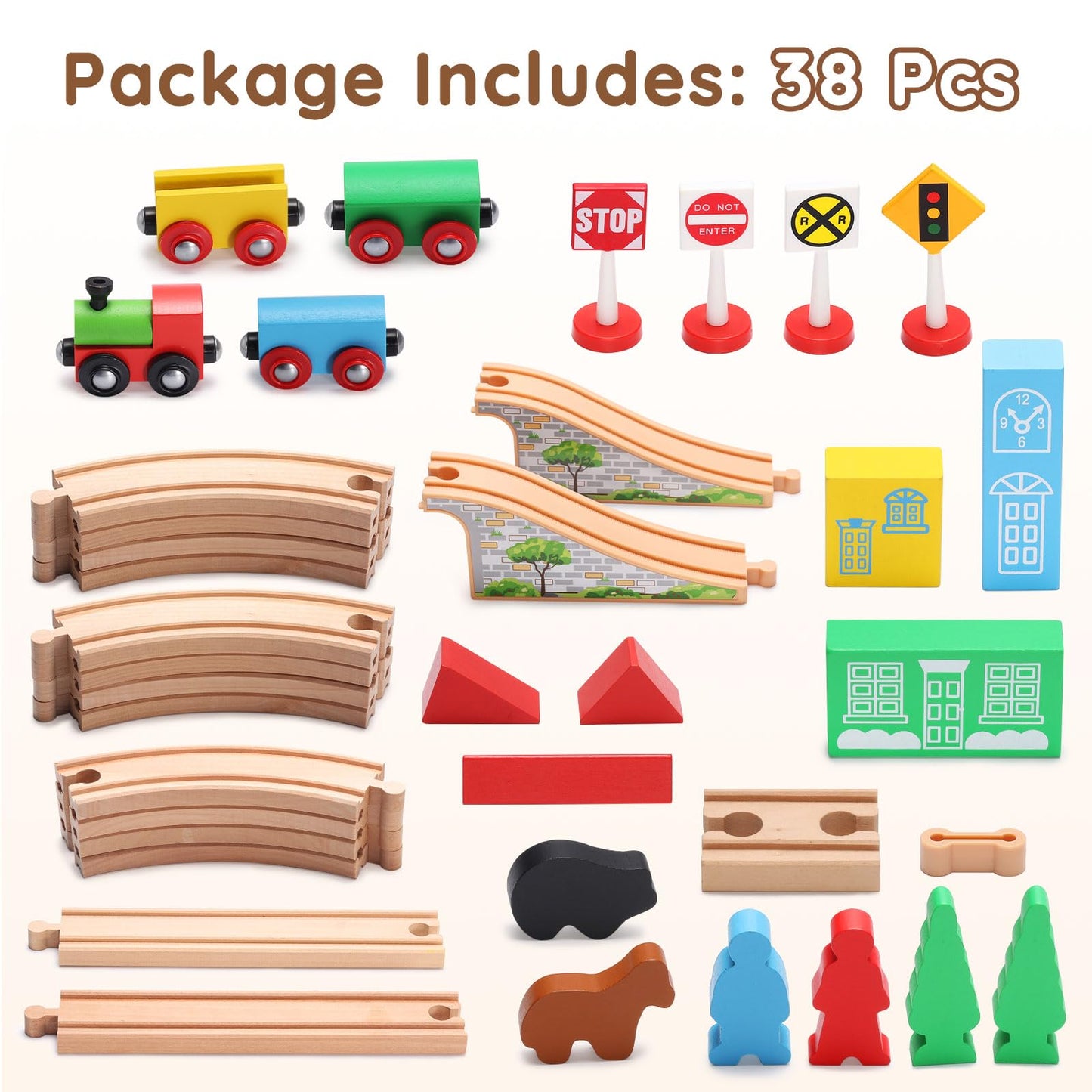SainSmart Jr. Wooden Train Set for Toddler with Double-Side Train Tracks Fits Brio, Thomas, Melissa and Doug, Kids Wood Toy Trai