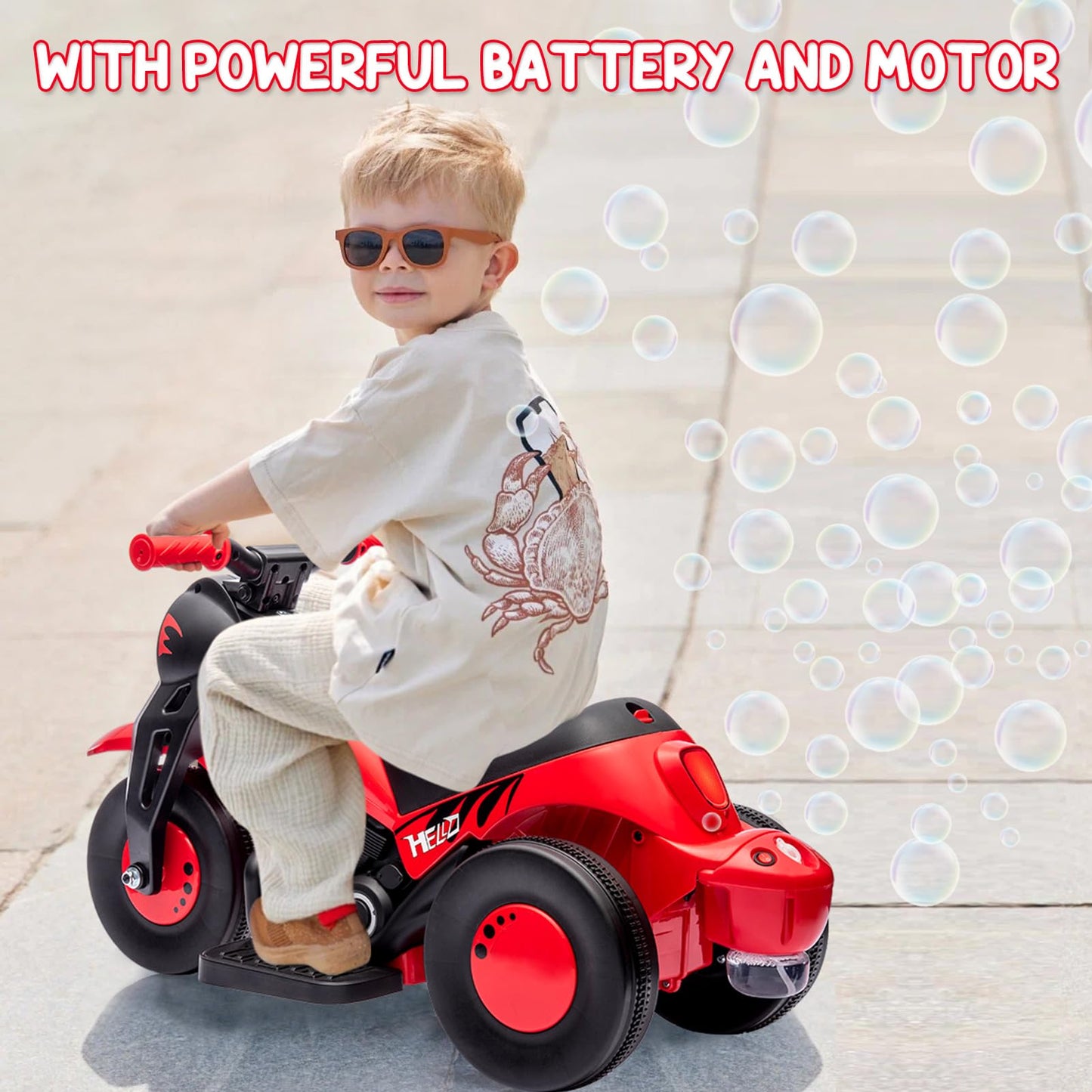 Kids Ride On Bubble Car, Hetoy 6V Battery Powered Electric Motorcycle 1.9 Mph Speed W/Led Headlights, Music, Pedal, Forward/Reserve, 3 Wheels Motorbike Toys Gift For Toddler 3 And Up Boys Girls, Red