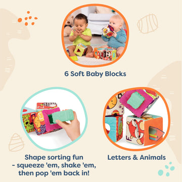 B. Toys Soft Fabric Building Blocks - Educational ABC Blocks for Toddlers, Multi-Color, Model BX1661Z, Textured Shapes, 6 Months+