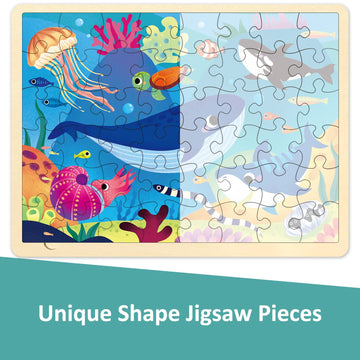 Moinkidz 48 Piece Puzzles For Kids Ages 3-5 With Unique Puzzle Pieces, Wooden Jigsaw Puzzle For 3 4 5 6 7 8 Year Old, Ocean Animal Toddler Puzzles For Kids Ages 4-8 With Storage Tray