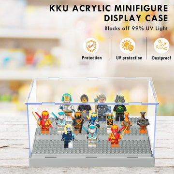 Kku Display Case For Figures, Minifigure Display Case Box Storage 10'' X 6.1'' X 5.4'', Action Figures Blocks For Display With 3