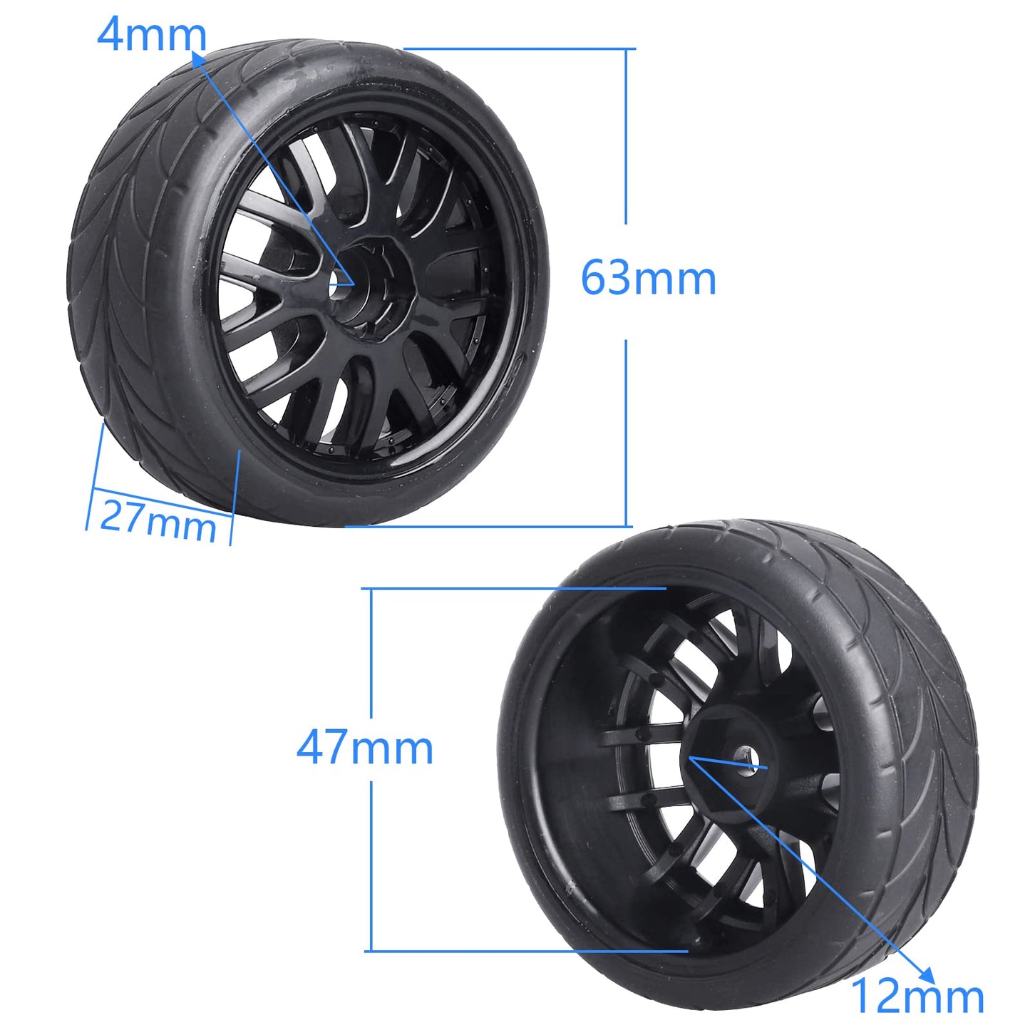 GoHobby 4PCS 1/10 RC On-Road Tires & Wheels 12mm Hex Preglued for Tamiya HSP HPI RC Racing Car