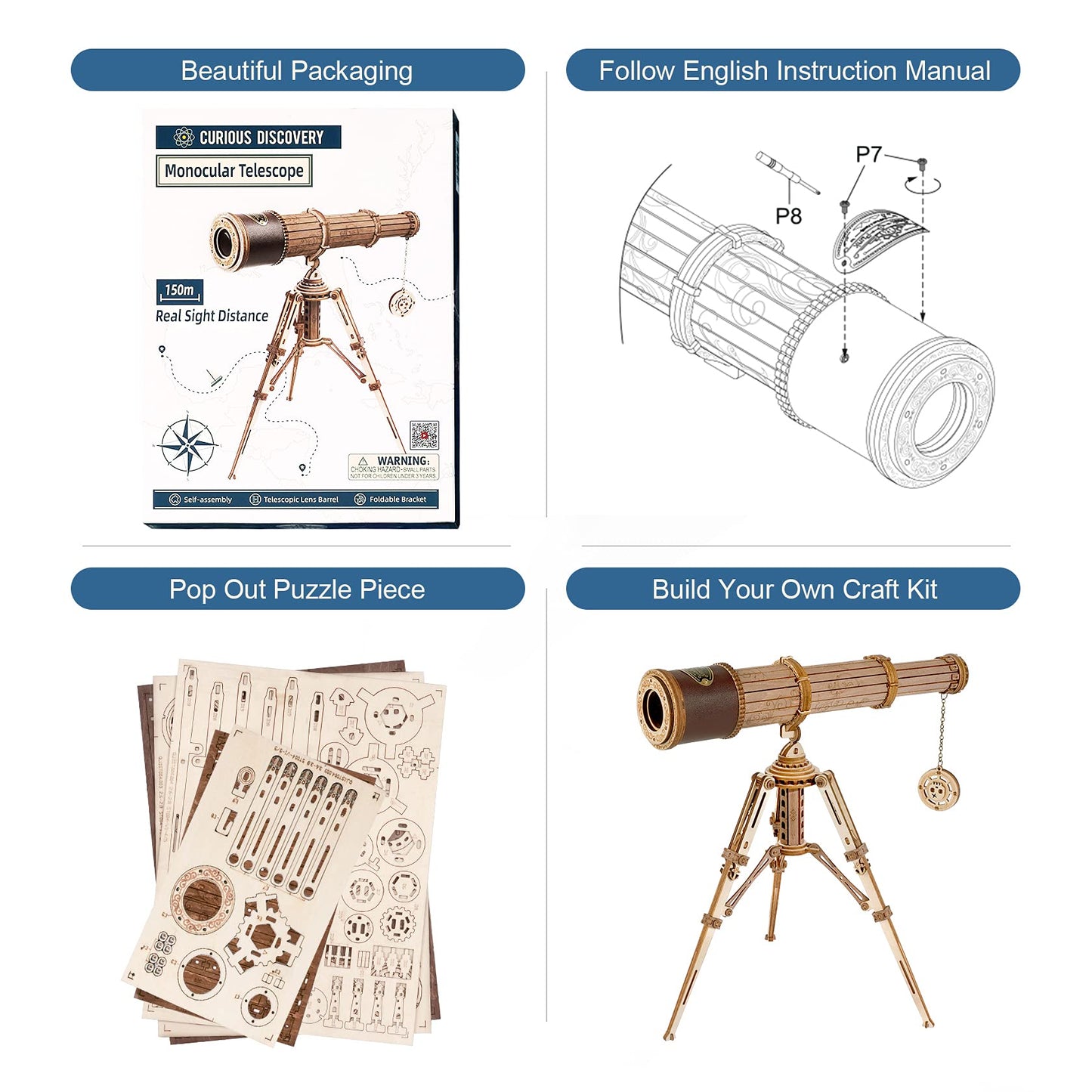 Rowood Telescope 3D Puzzles For Adults, Diy Wooden Model Building Kit, Christmas Birthday Gift For Kids Teens