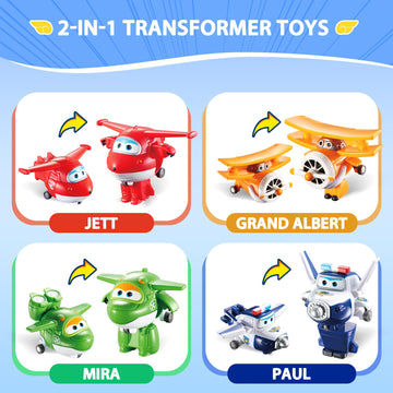 Super Wings 2' Transform-A-Robots 4 Pack Jett, Paul, Mira, And Grand Albert, Airplane Toys Mini Action Figures, Transformer Toys For 3+ Years Old Boys And Grils