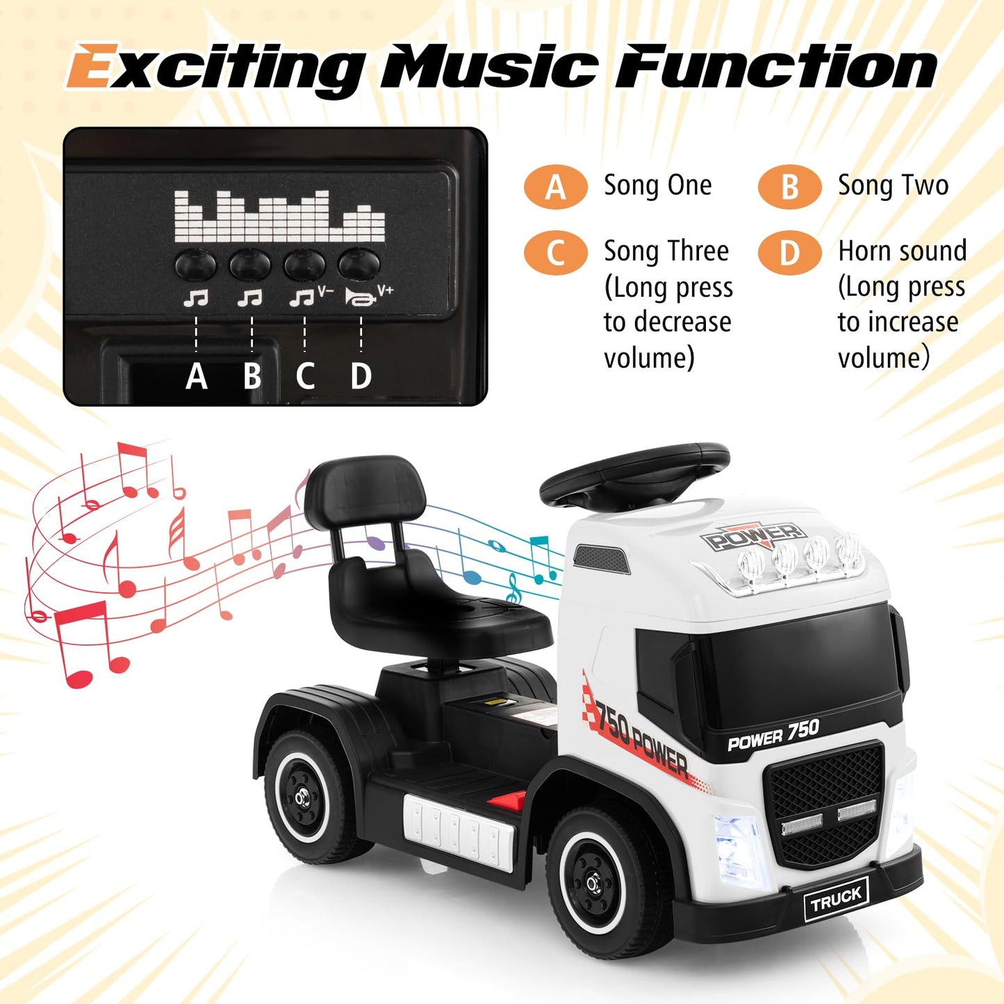 Honey Joy Electric Ride On Push Car, 6V Foot-To-Floor Push Cars For Toddlers, Lights, Music, Adjustable Height, Battery Powered Ride On Truck For Kids, Gift For Toddlers Boys Girls, White