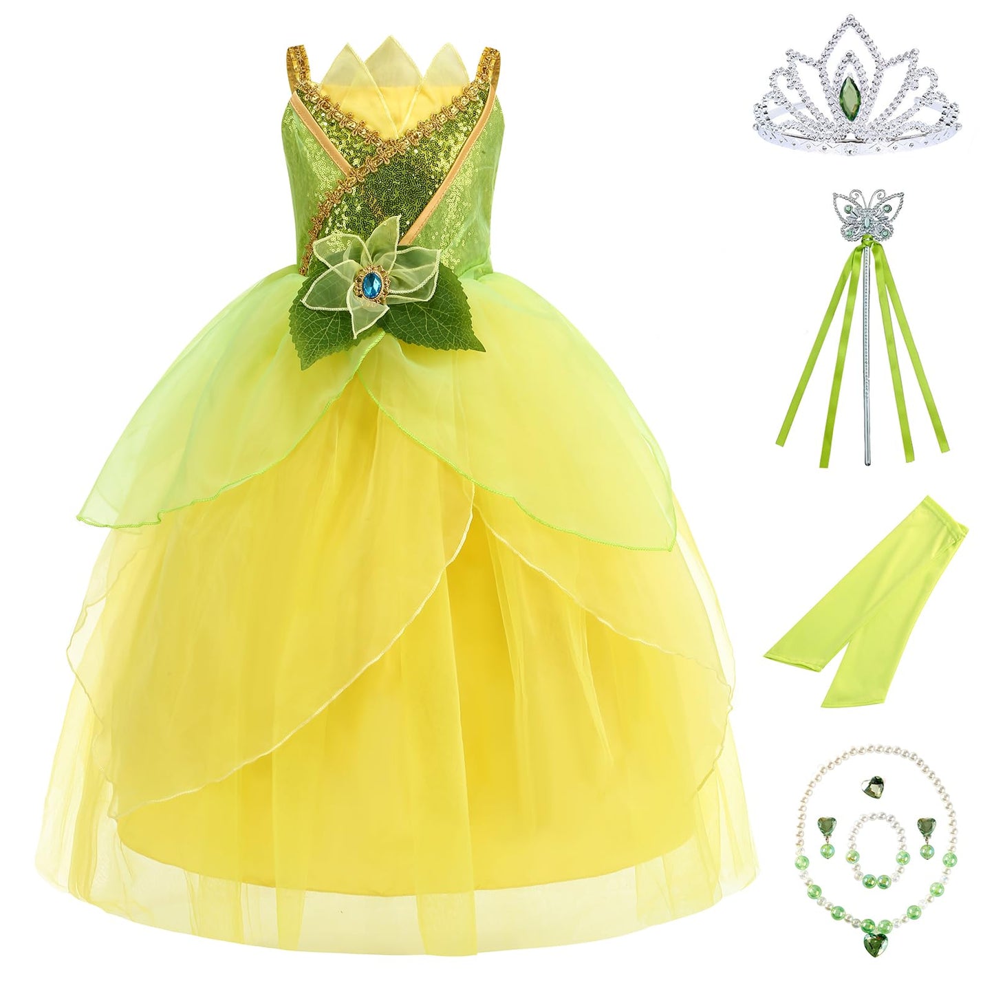 Rosadage Princess Costume For Girls Dress Up Role Play Halloween Cosplay Outfits With Accessories (Green, 140 (7-8T))