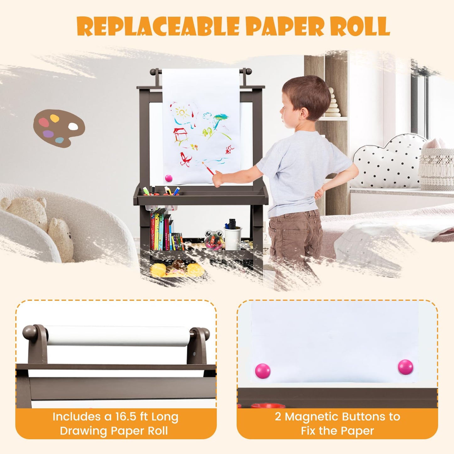 Honey Joy Art Easel For Kids, 3-In-1 Double-Sided Wooden Toddler Easel W/Magnetic White Board & Chalkboard, Paper Roll, 2 Storage Bins, Painting Dry Erase, Kids Easel For Boys Girls Aged 3+ (Coffee)