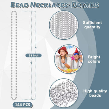 144Pcs Bead Necklace, Silver Christmas Mardi Gras Beads Stuff Party Favors, 33'' Xmas Necklaces Costume Bulk, Festival Events Pa