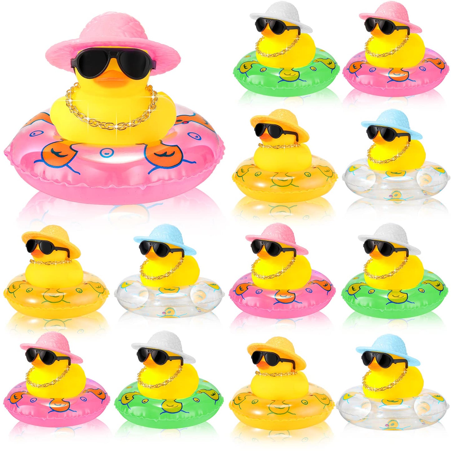 Sotiff Mini Rubber Ducks Bulk For Kids Children Cute Yellow Duck Toy For Dashboard Of Car Bathtub Ornaments With Sunglasses Swim Ring Mini Hat Necklace And For Baby Shower(12 Sets,Cute)