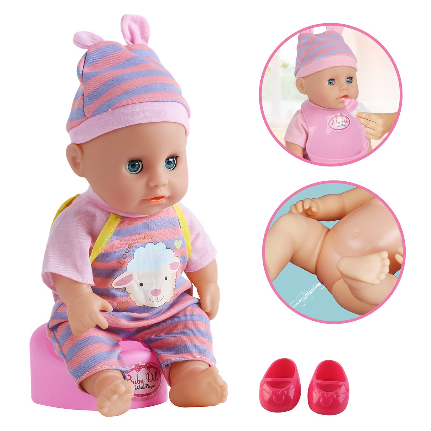 Deao 12” Baby Doll Play Set With Crib, Mobile, High Chair Feeding Accessories, Interactive Dolls For Girls Kids Pretend Play Baby Dolls 21 Pcs