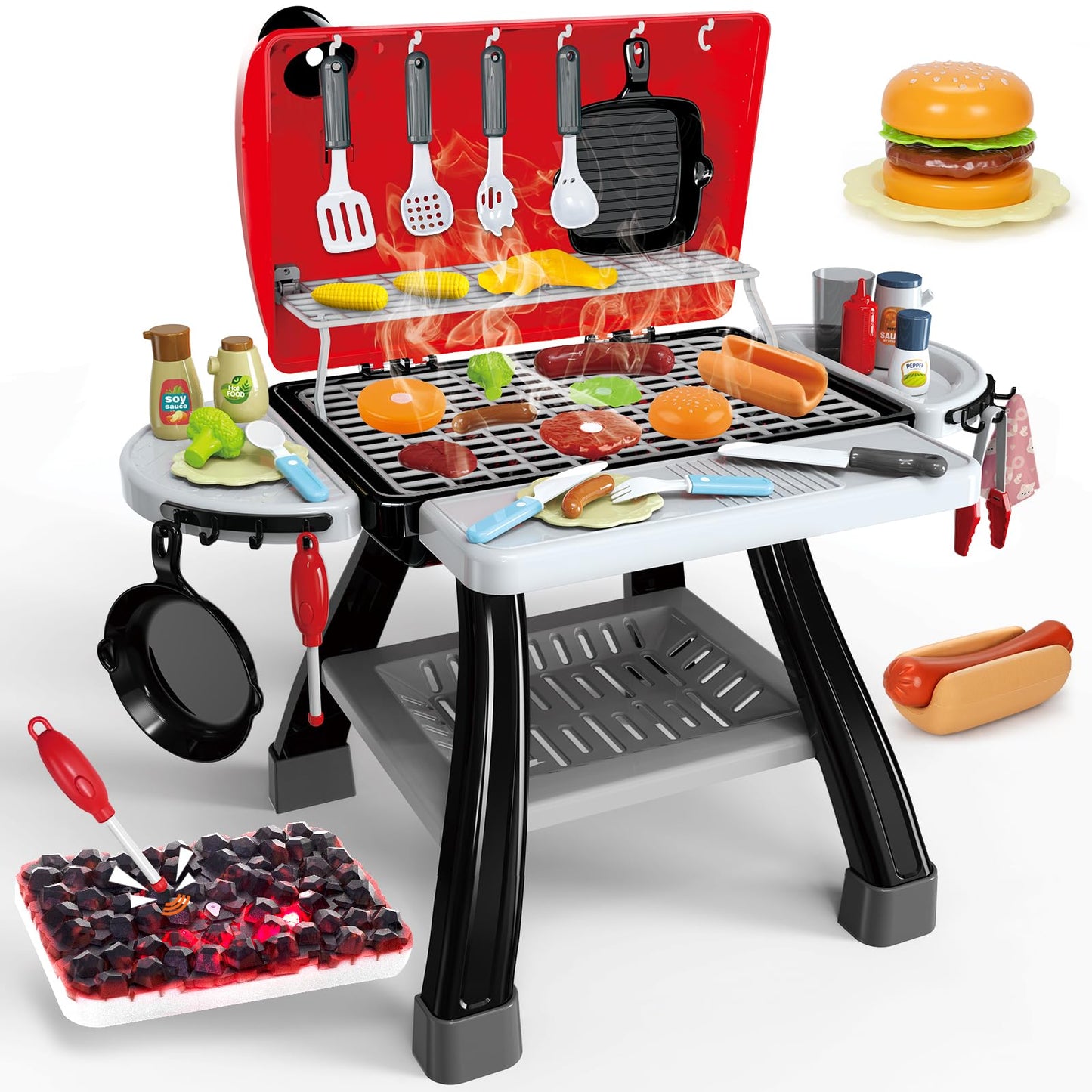 Bstoyder Kids Play Kitchen Toys, Kids BBQ Grill Kitchen Playset with Smoke, Sound & Light, Pretend Play Food Toys Cooking Set, 2