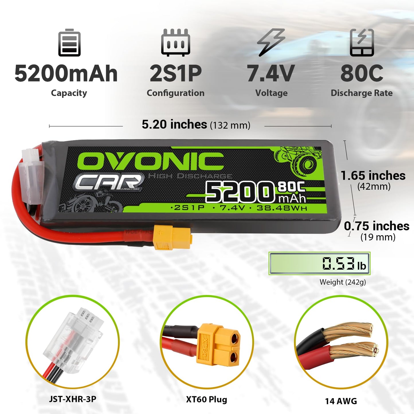 OVONIC Lipo Battery 2S 5200mAh Battery 7.4V 80C Battery with XT60 Plug Soft Case for 1/8 1/10 RC Vehicles Car Slash RC Buggy Tru