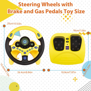 RedCrab Kids Steering Wheel Toy with Brake & Gas Pedals, Yellow, Plastic, Educational Light & Music, Model: Volant Jouet Enfant