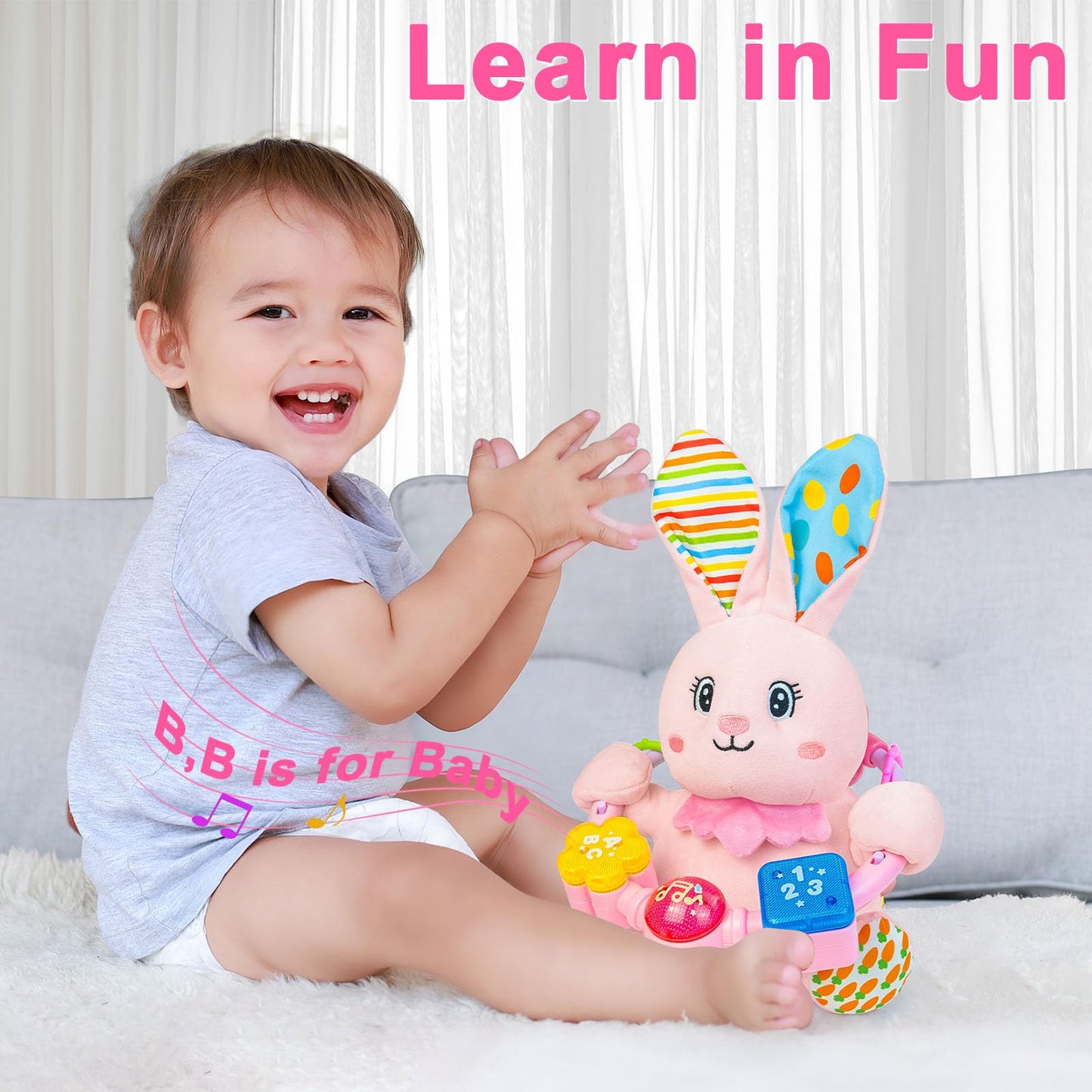 Baby Rabbit Musical Stuffed Animals Toy,Infant Bunny Bilingual Early Learning Education Toy With Light-Up Music & Crinkle,1St Ea