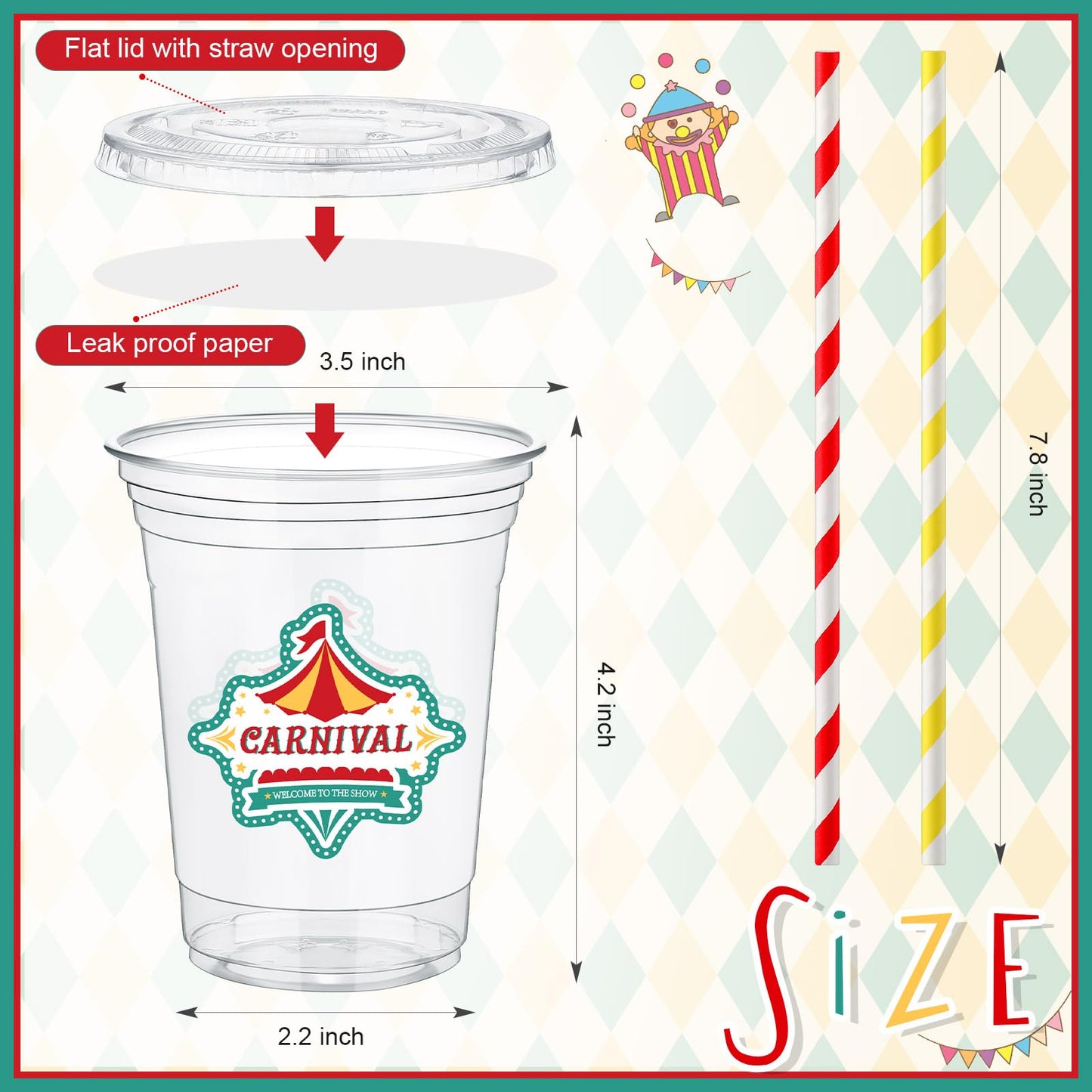 Foldtier 50 Pcs Carnival Party Plastic Cups 12 Oz Disposable Plastic Cups With Straws And Lids Circus Clear Cup Birthday Cups Su