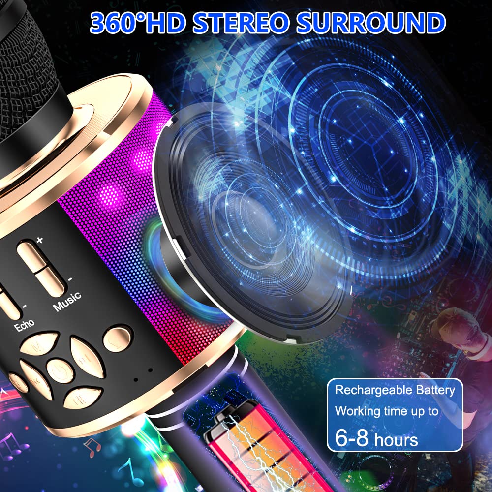 Amazmic Kids Karaoke Microphone Machine Toy Bluetooth Microphone Portable Wireless Karaoke Machine Handheld With Led Lights, Gift For Children Adults Birthday Party, Home Ktv(Black Gold)
