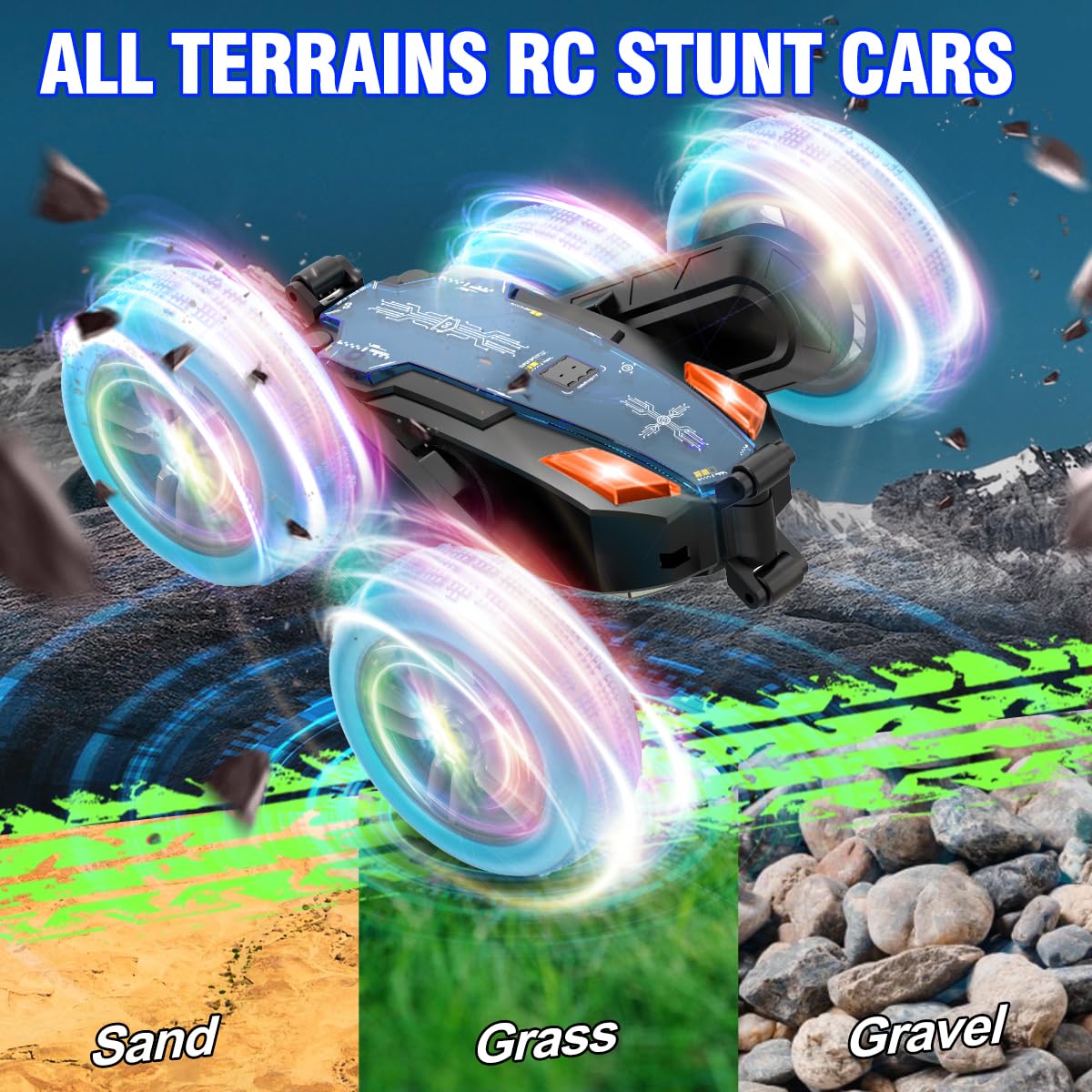 Paaxido Remote-Control-Car-Stunt-RC-Car, New Upgraded 2.4Ghz 4WD Double-Sided 360 Rotating RC Crawler with Headlights & Wheel Li