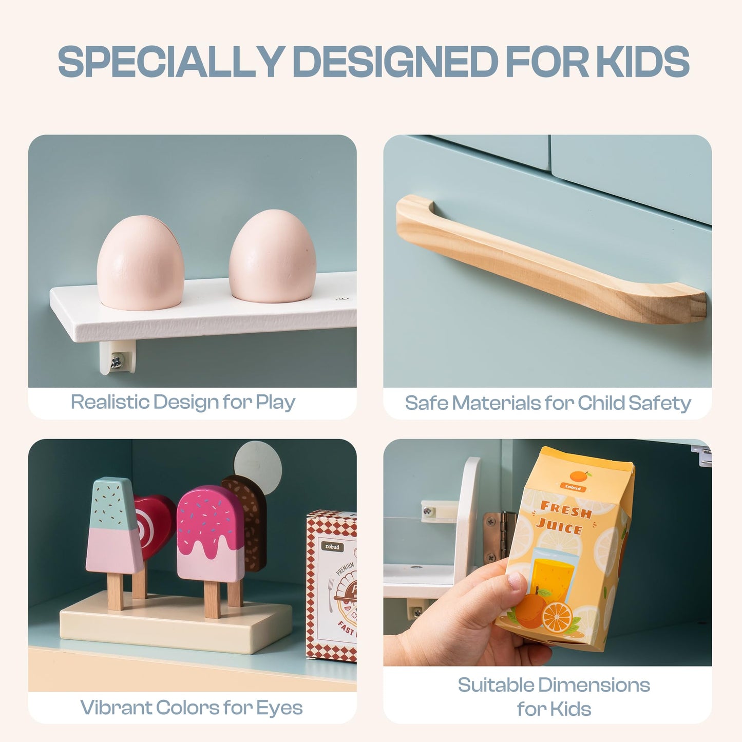 Robud Fridge Refrigerator With Ice Dispenser, Wooden Play Fridge Freezer Set For Kids, Toddler Kitchen Playset With Full Accesso