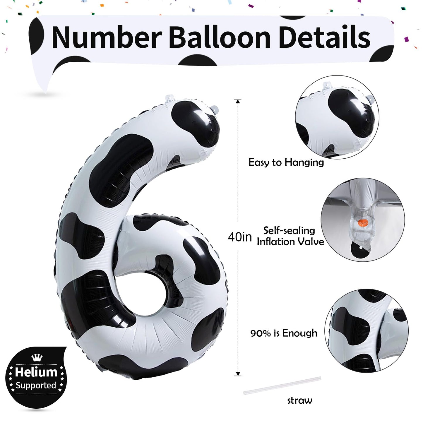 Giant Number Balloons 6, Cow Print Number 6 Balloons For Boys, 40 Inch Foil Helium Number Balloon For Girls 6Th Birtyday Party D