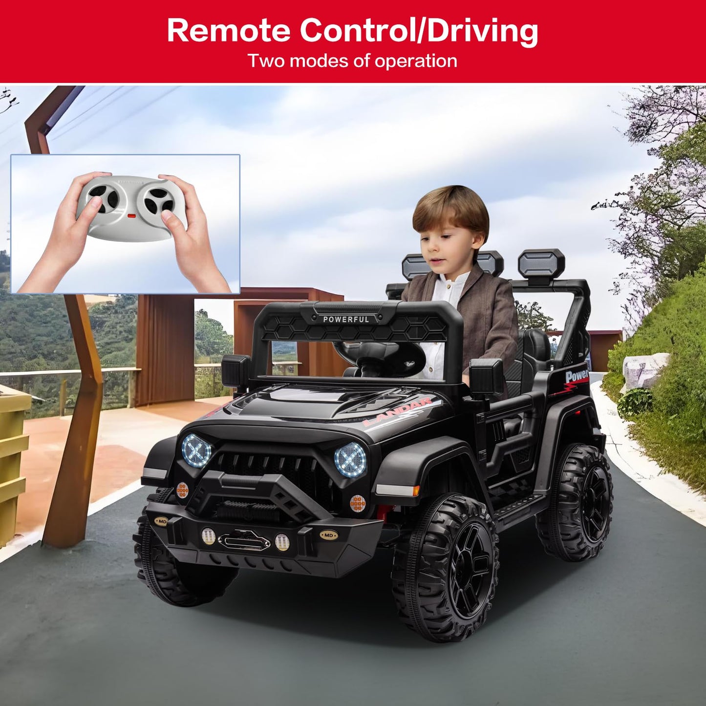 Modern-Depo 12V Kids Ride On Car Truck with DIY Stickers, Manual/Remote Control Electric Car with LED Lights, 2 Motors, 2 Speeds