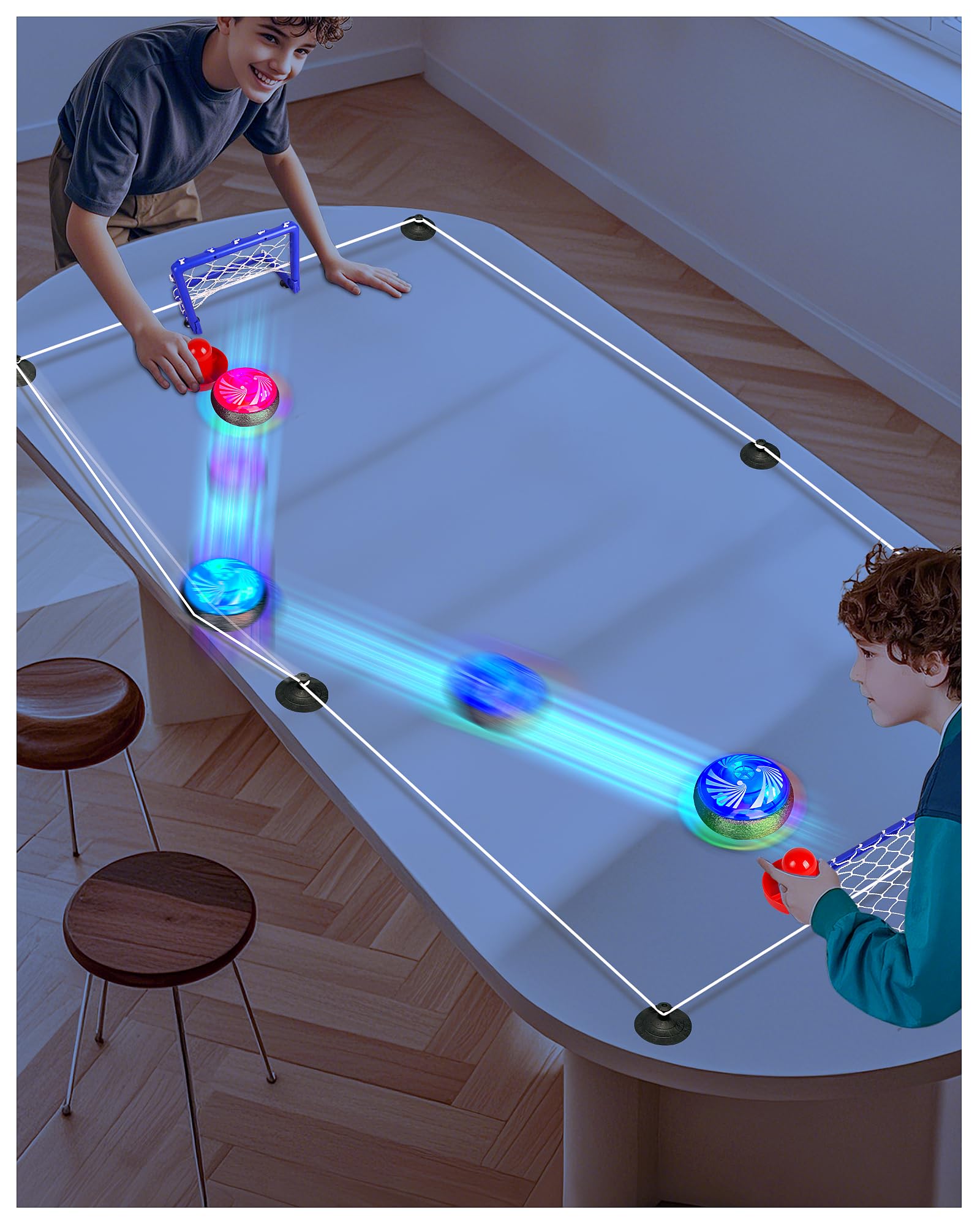 Adjustable Tabletop Air Hockey Game - Battery-Free Fun with Flexible Boundaries! Hover Puck Set with 2 Pushers, 2 Mini Goals & E