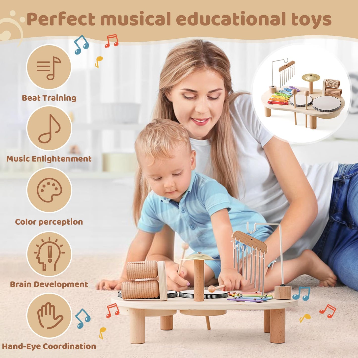 Promise Babe Wooden Musical Instruments For Toddlers 1-3, Percussion Instruments For Kids Baby Drum Set Xylophone, Montessori Educational Musical Toys, Gifts For Girls Boys Ages 3+
