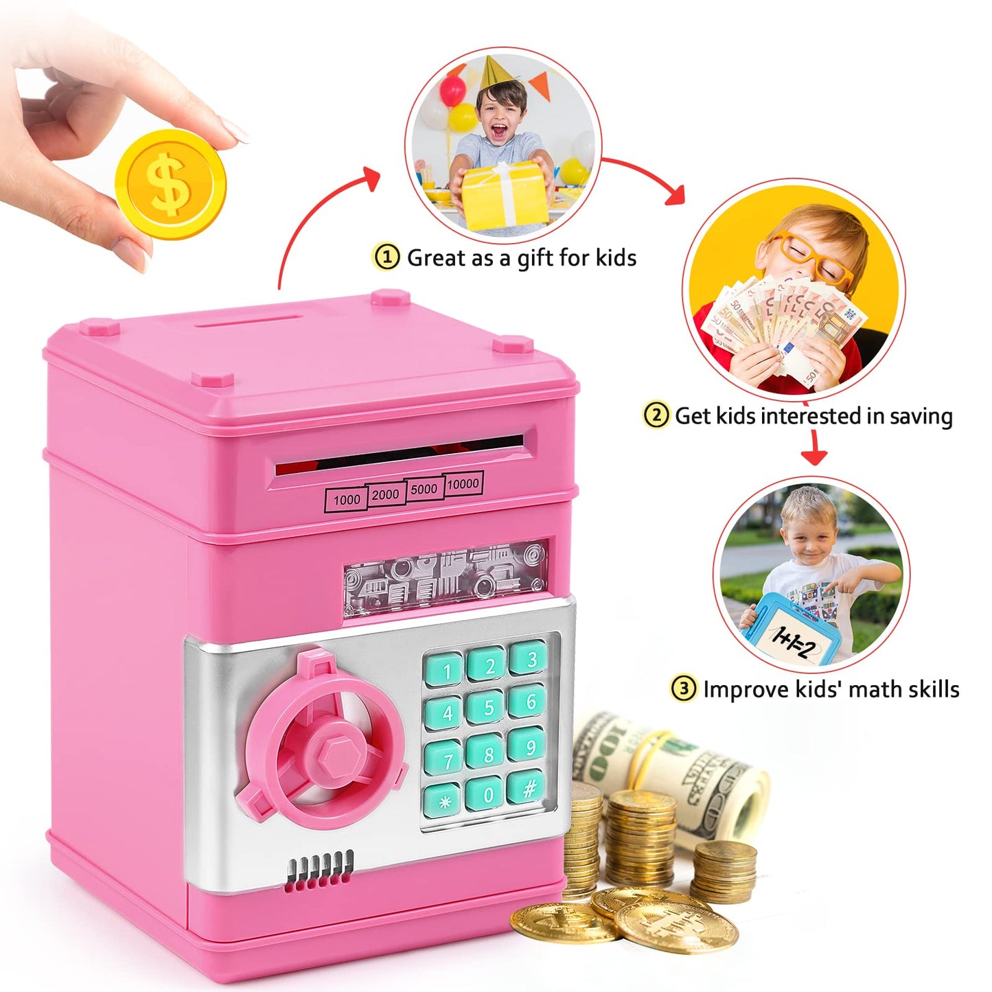 Piggy Bank For Boys Girls, Vcertcpl Atm Coin Bank Money Saving Box With Password, Kids Safe Money Jar With Auto Grab Bill Slot,