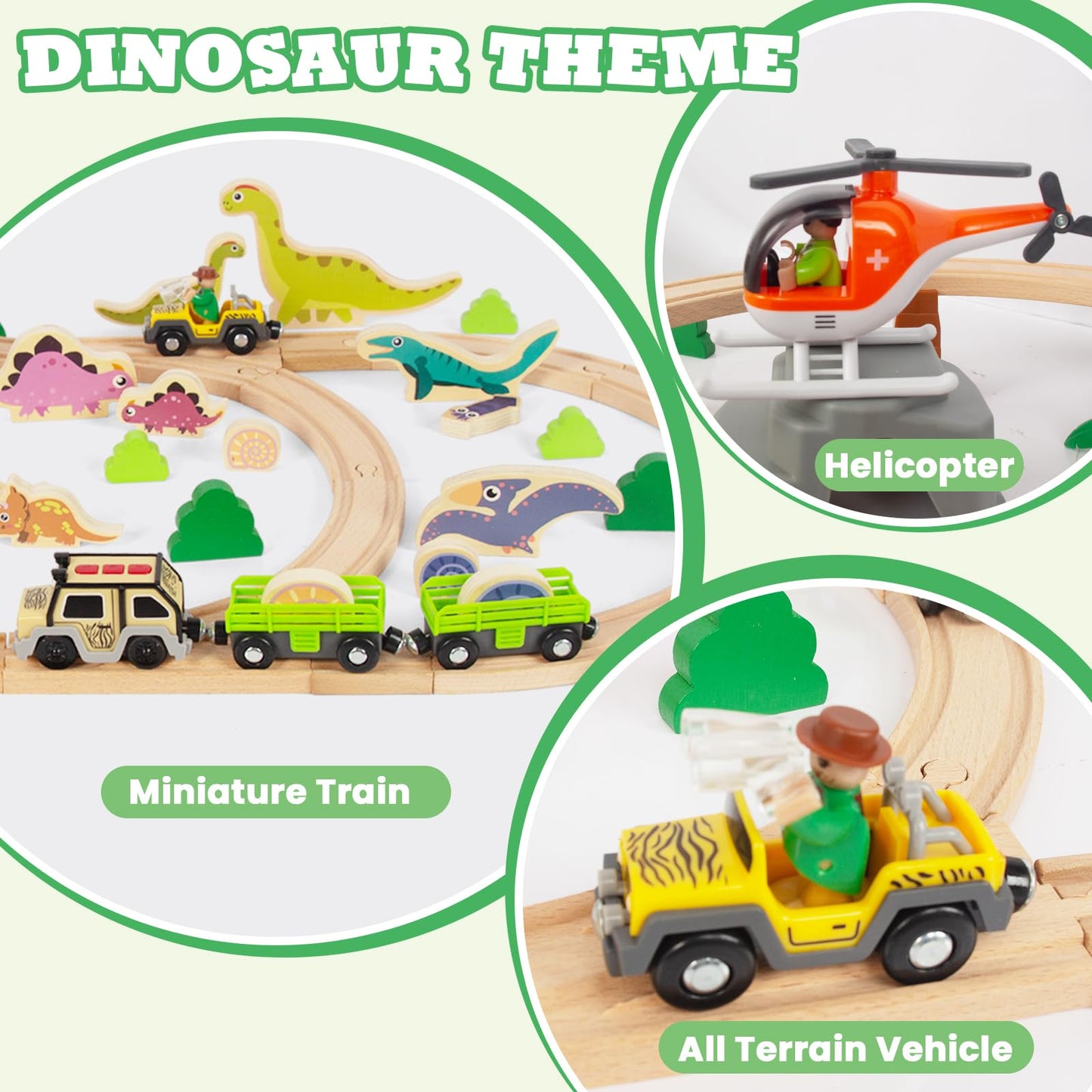 Woodenedu 80Pcs Wooden Train Set, Dinosaur Wooden Train Track Set, Wood Toy Train Set For Toddlers 2-4, Train Toys For Toddlers