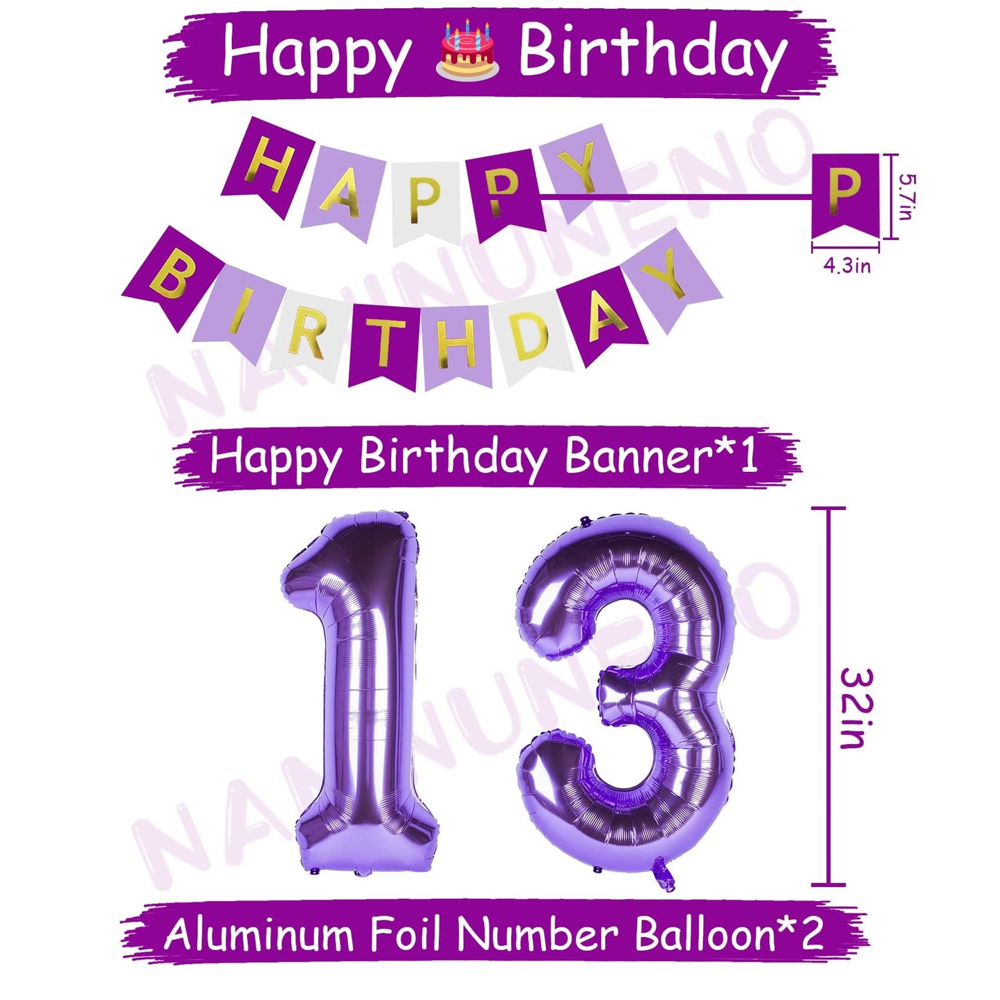 Naninuneno 13Th Birthday Decorations For Girls, Purple 13 Happy Birthday Balloons Supplies Including Purple Happy Birthday Banne