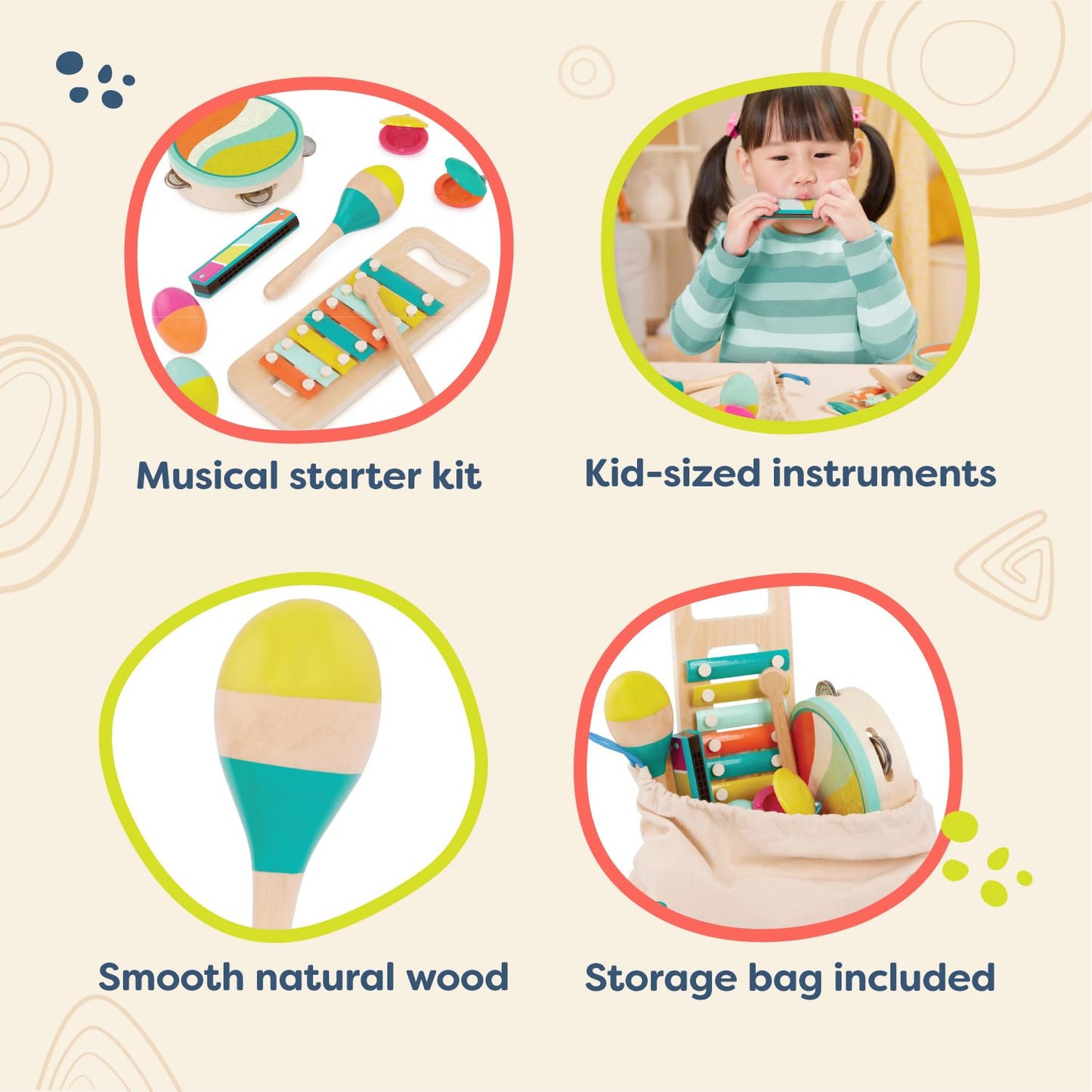 B. Toys- Make A Melody- 9Pc Wooden Musical Instruments – Xylophone, Tambourine, Harmonica – Drawstring Storage Bag – 2 Years +