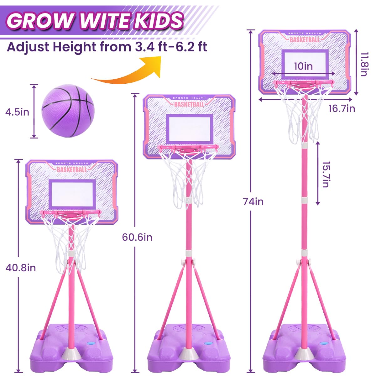 Meland Kids Basketball Hoop, Pink Basketball Hoop For Kids Toddler Basketball Hoop Outdoor & Indoor With Dart Board, Adjustable Height 3.4-6.2Ft Birthday Gift Toys For Girls 3 4 5 6 7 8 Years Old