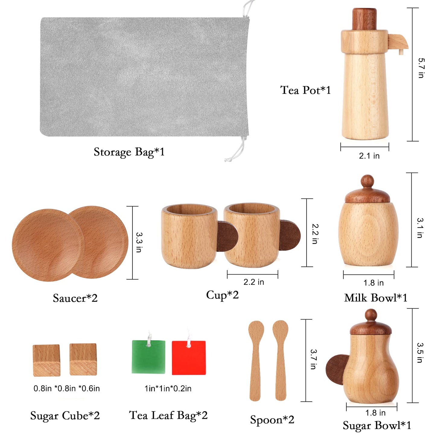 WHOHOLL Wooden Tea Set for Little Girls, Natural Wood Toys Tea Party Set, Kids Tea Set for Toddlers 1-3, Baby Play Tea Cup Set f