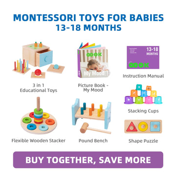 TOOKYLAND Montessori 8-in-1 Educational Wooden Toys Set for 1 Year Old, Rainbow, TK752