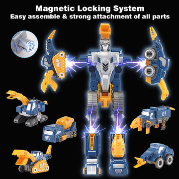 Construction Trucks Toy Dinosaur Vehicles Magnetic Set, 5-in-1 Educational STEM Building Car Kit, Transform to Big Robot, Holida