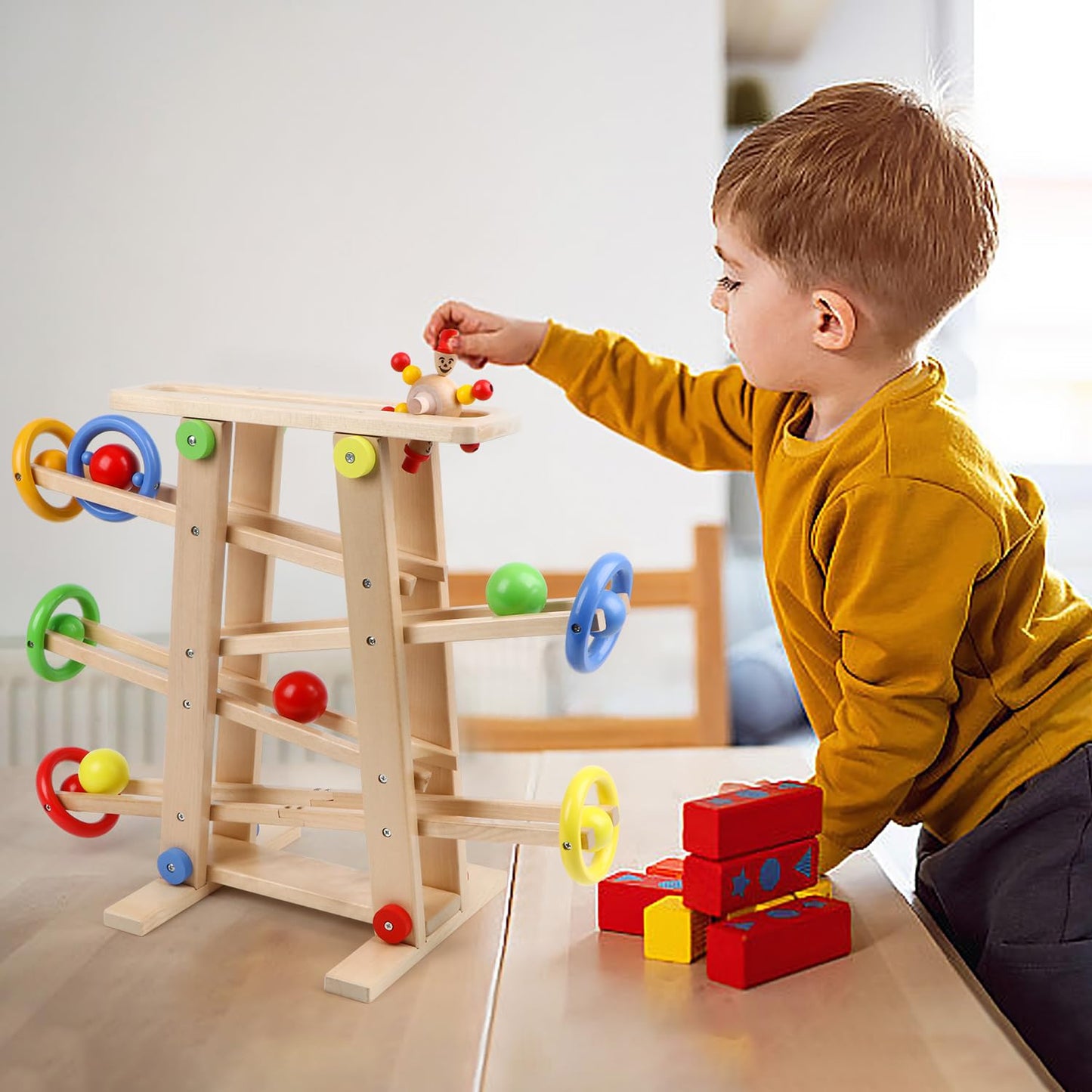 Qilay Wooden Wooden Race Track Toddler Toys For 1-3 Year Old Boy And Girl, Wooden Car Ramp Racer Toy Vehicle Set With 4 Balls &