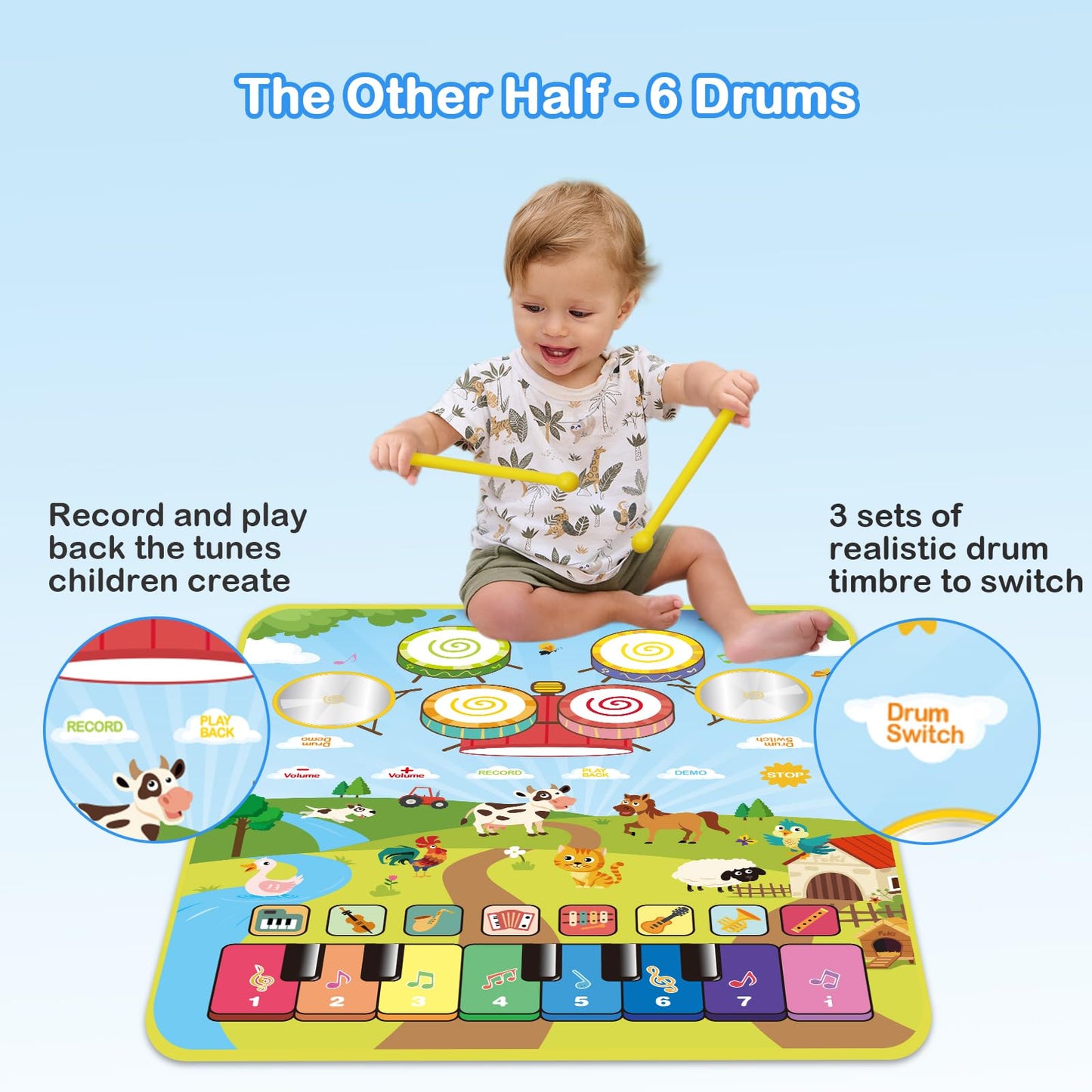 Foki 3-In-1 Musical Mats, Child Floor Piano Drum Animal Music Play Mat Montessori Sensory Early Educational Musical Learning Toy