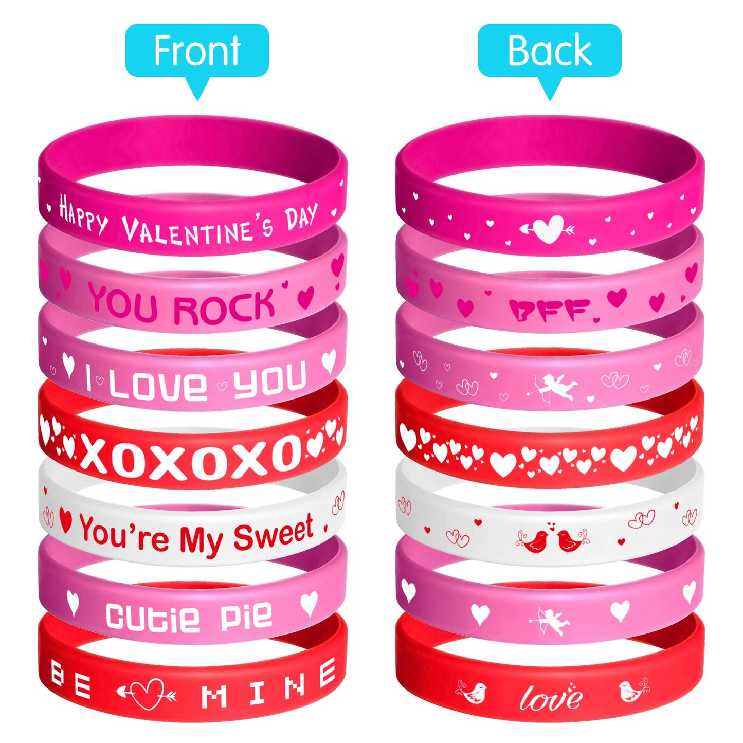 FEPITO 35 Pieces Valentines Day Rubber Wristband Silicone Wristbands Rubber Band Bracelets for Party Favors School Gifts Supplie