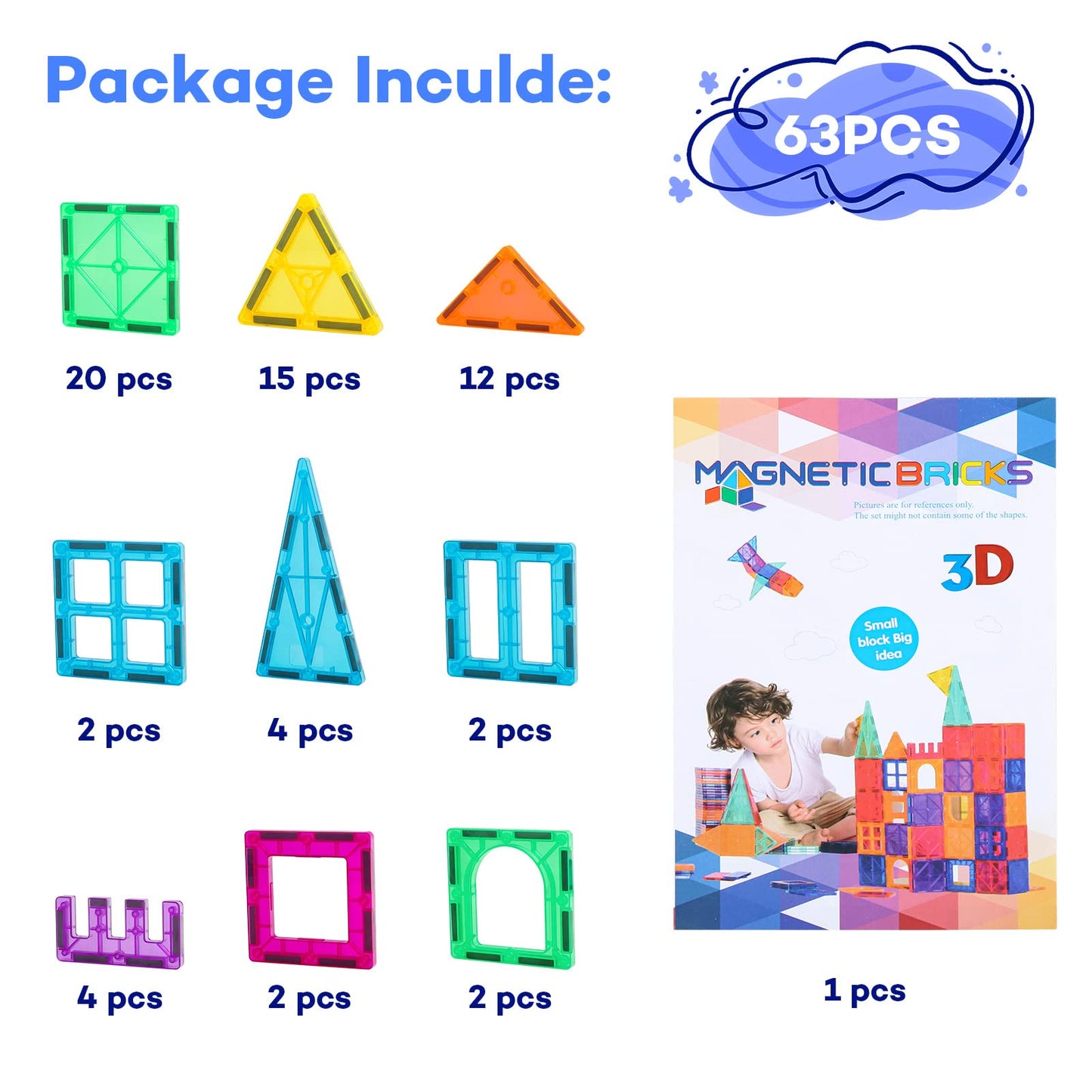 Anbalulu Magnetic Building Tiles Set, 63PCS Multicolor Stacking Blocks, Durable ABS Construction Toys for Kids