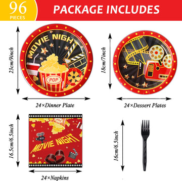 96 Pcs Movie Night Party Supplies Paper Plates Napkins Movie Party Tableware Set Awards Ceremony Theme Party Decorations Favors