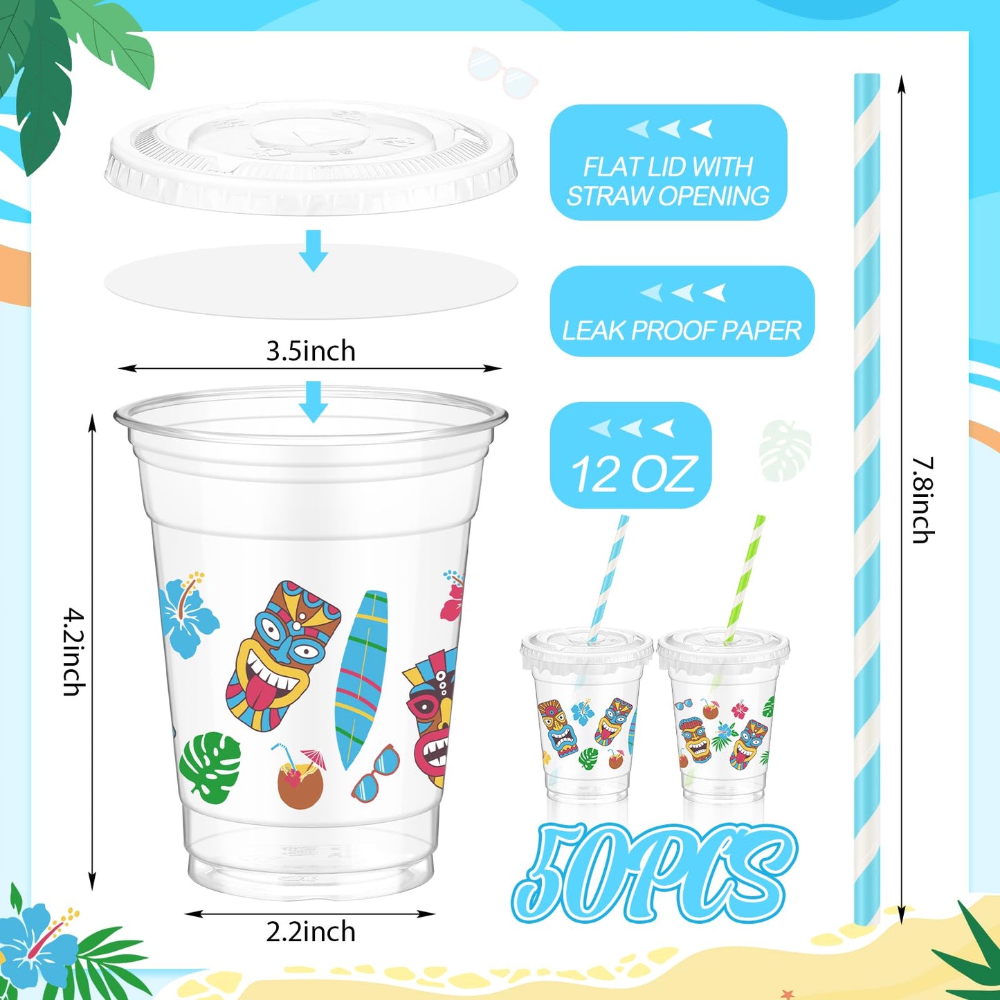 Foldtier Hawaiian Party Decorations Cups 12 Oz Luau Party Decorations Plastic Cold Drinks Cups Tiki Cups Clear Disposable Cups W