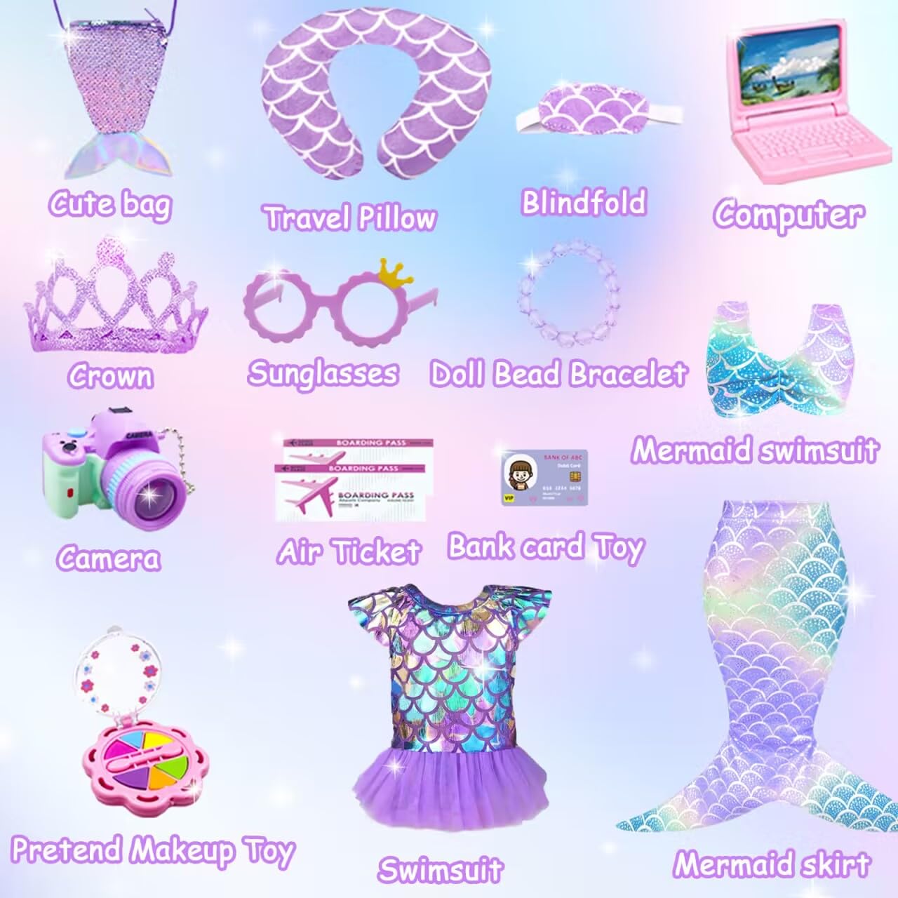 Vlusso 18 Inch Girl Doll Accessories Case Luggage Travel Play Set With Doll Clothes Camera Travel Pillow Bag Dress Glasses Doll Stuff Fit 18 Inch Doll Christmas Birthday Gift