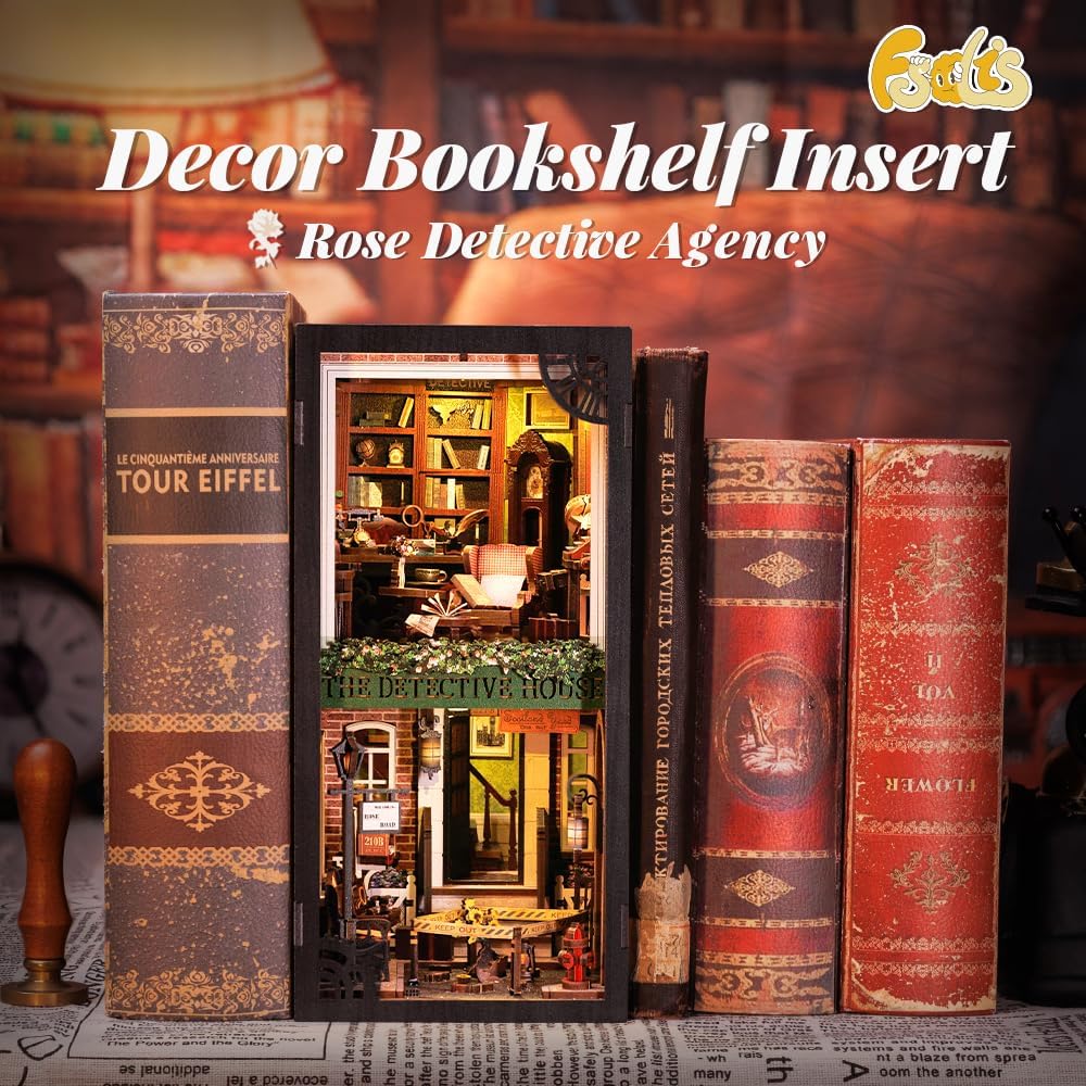 Fsolis Book Nook Kit, Diy Miniature Room House Kit For Adult Activities Decorative Bookend Bookshelf Bookcase Decor Birthday Holiday Gifts For Women Teens (Rose Detective Agency)