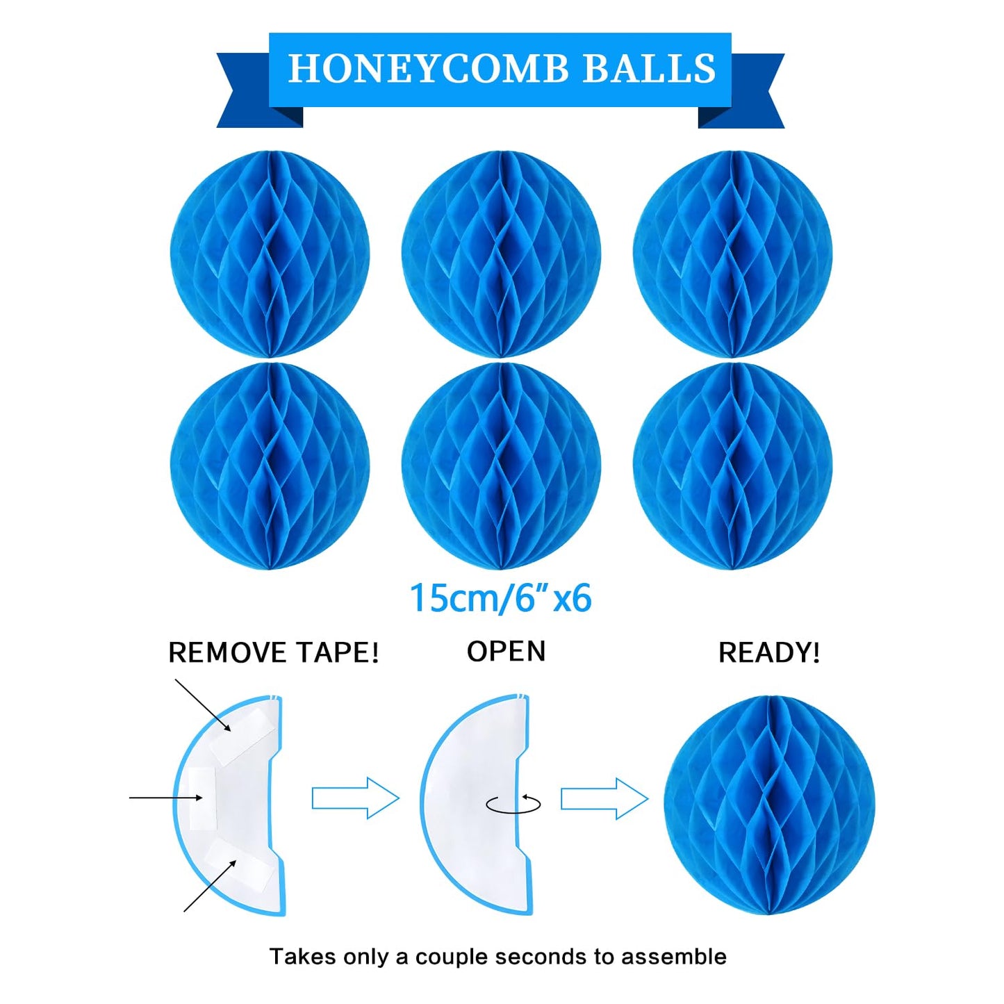 LITAUS, Birthday Decorations, NO DIY - Pack of 16 | Blue Happy Birthday Banner, Honeycomb Balls, Swirls, Garland | Happy Birthda