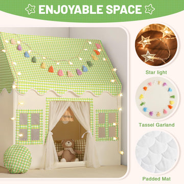 Senodeer Kids Play Tent Indoor: With Mat, Tassel Garland, Star Lights - Green Checkered Boys Tent Playhouse For Toddlers Kids To