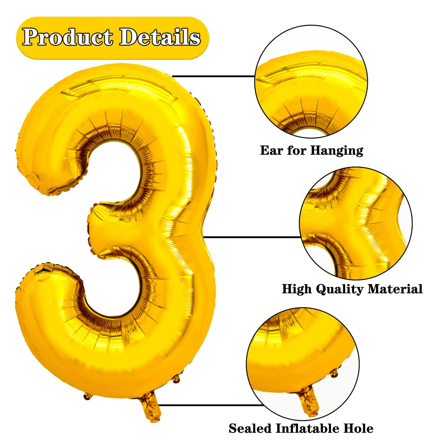 Pigetale 40 Inch Gold Large Numbers Balloons 0-9, Giant Jumbo Digit 3 Helium Balloons For 3Rd Girls Kids, Self Inflating Foil My