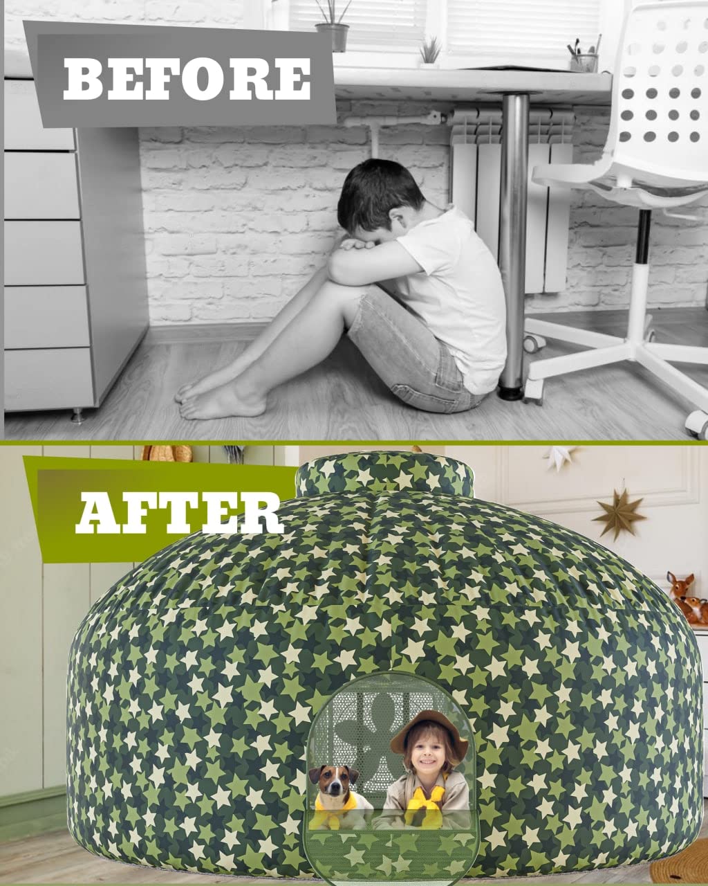 Skywin Air Tent Fort Playhouse For Kids (Camo Stars) - Inflatable Kids Fort Sets Up And Stores Away In Seconds (Fan Not Included) (With Door)