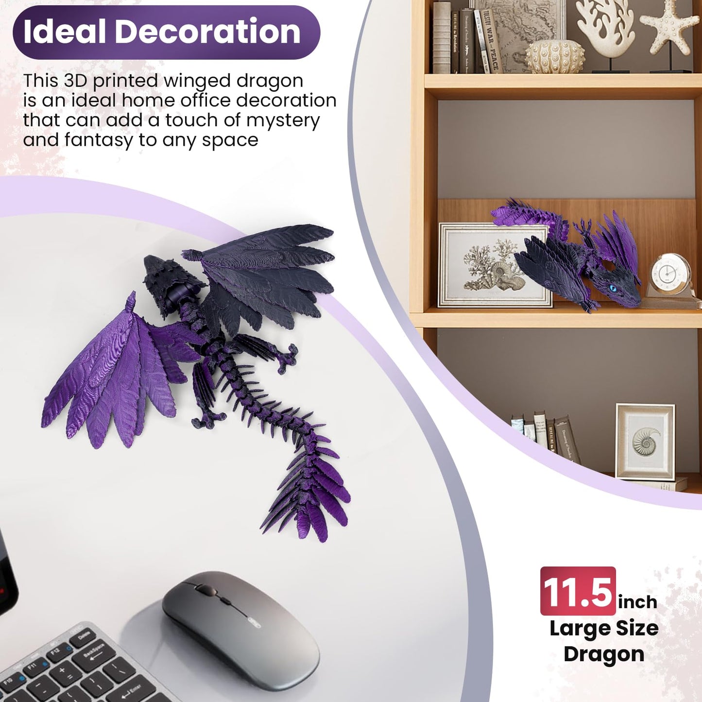 Shuwnd 3D Printed Dragon With Wings, Feathered Wyvern Dragon,Full Articulated Crystal Flying Dragon,Realistic Large Pet Dragon, Flexible Shoulder Dragon Stuff 3D Printed Animals Toy (Purple Black)