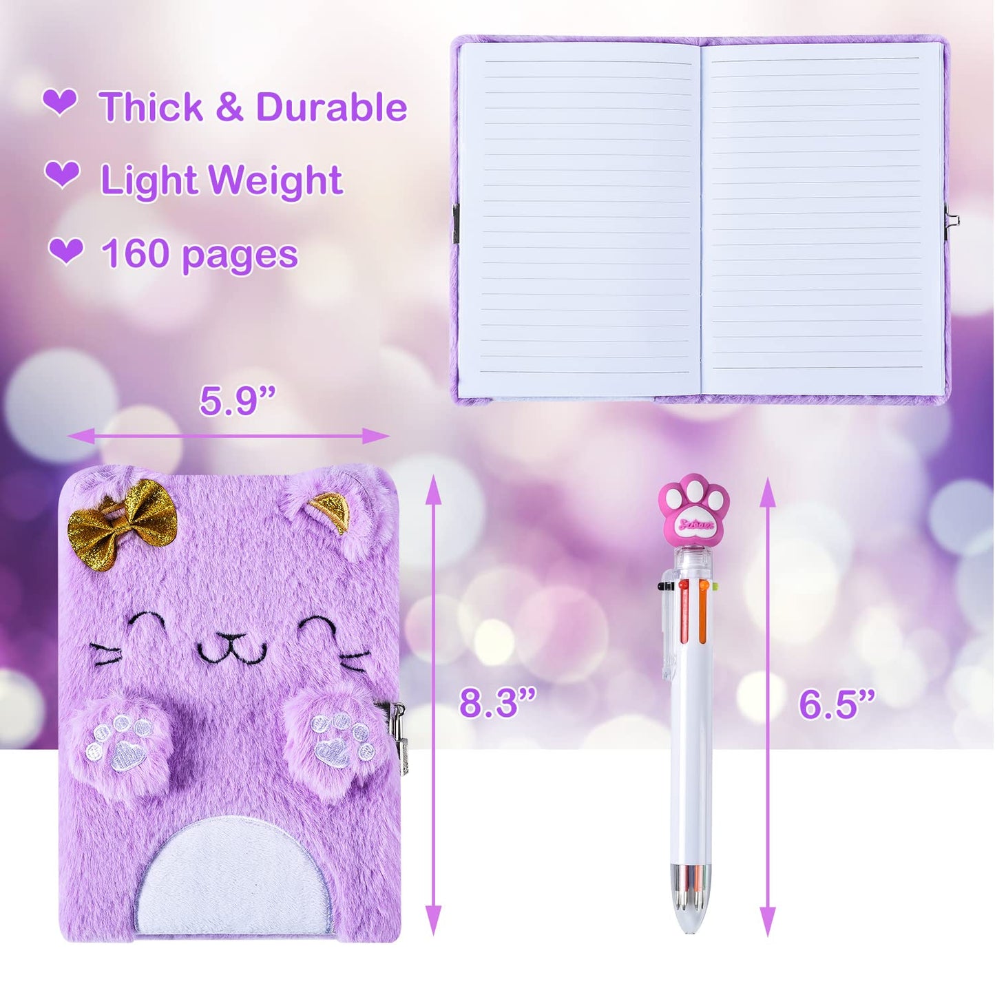 Pjdrllc Diary For Girls With Lock And Keys, Kids Journal Travel Notebook For Writing, Cute Secret Diary With Multicolored Pen, Stickers, Bracelet, Practical Gift For Birthday, Easter (A Cute Cat)