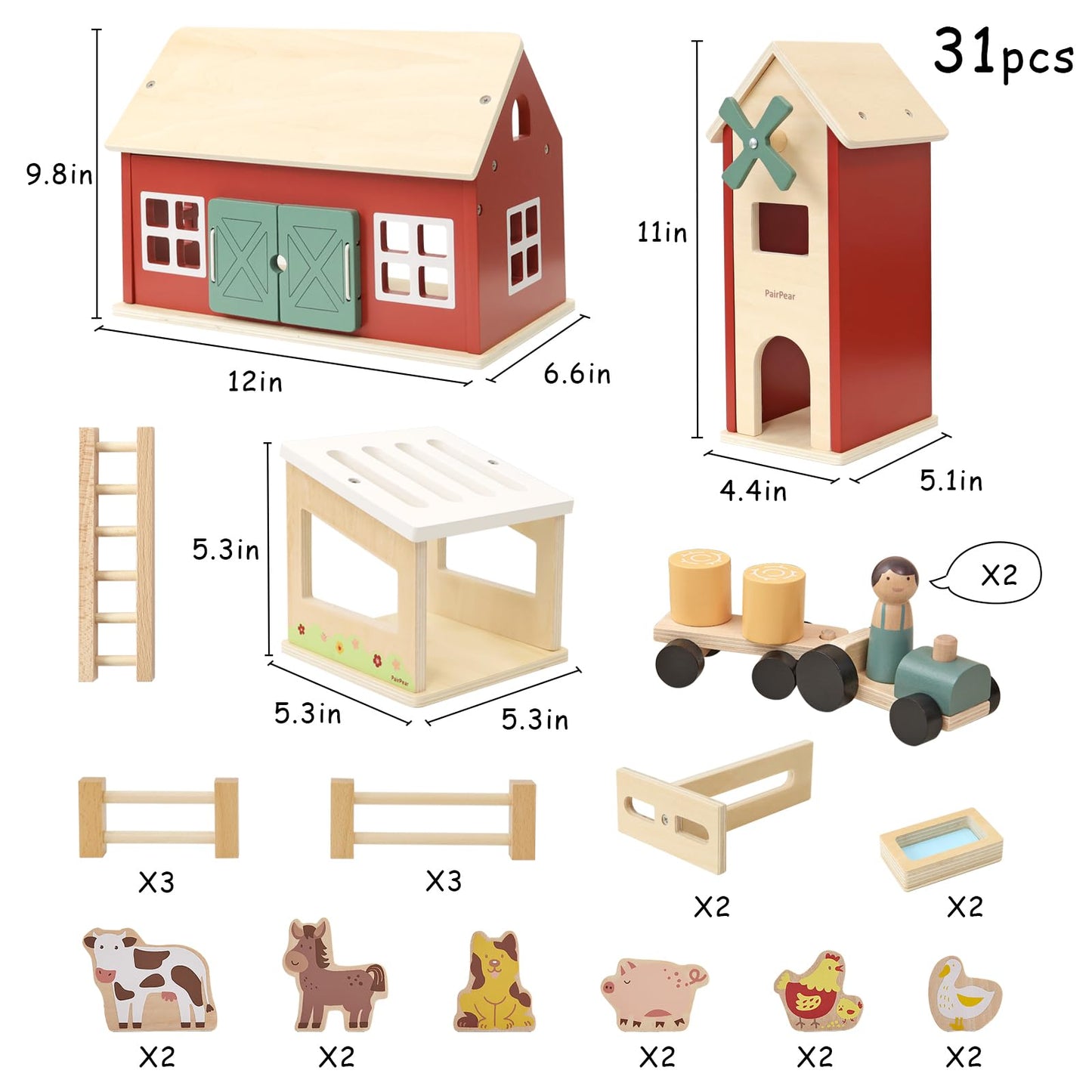 Pairpear Wooden Farm Animal Toys Bran Farm Palyset, Kids Red Barn Farm Toys With Farm Animals Figures And Tractor, Educational Stacking Learning Toys Gift For Toddler Girls Boys 3+